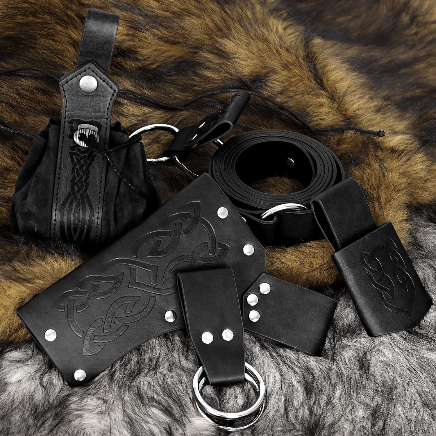 Renaissance Belt Pouch Medieval Viking Pirate Leather Bag Potion Bottle Set Skirt Hike Halloween Cosplay Costume Accessorie (Black-A, Belt Pouch) - Image 5