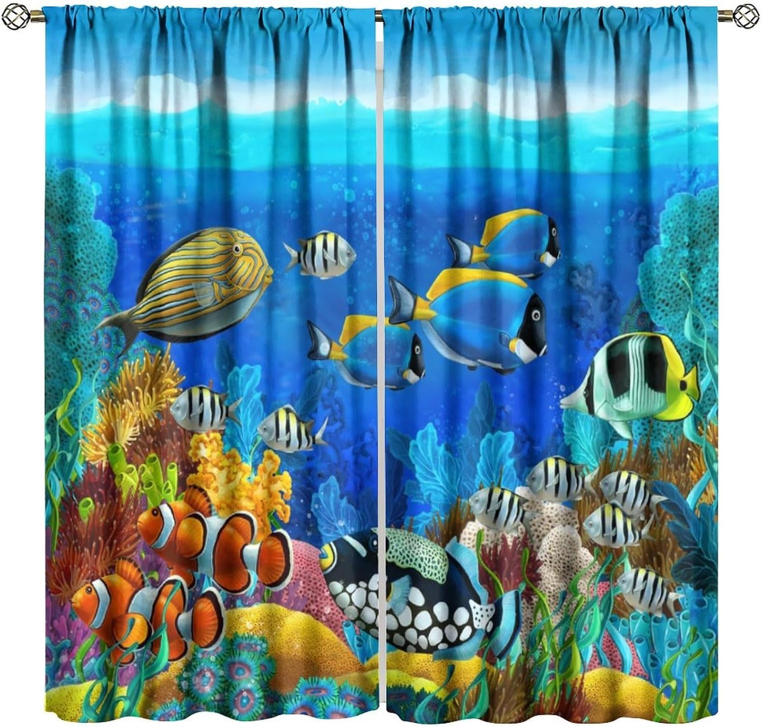 Blue Ocean Seaworld Curtains Marine Life Beach Turtle Octopus Sea Horse Coral Star Conch Fish Blackout Window Drapes for Bedroom Living Room Kitchen Cafe Decor （W21xL45 Inch） x2 Panels