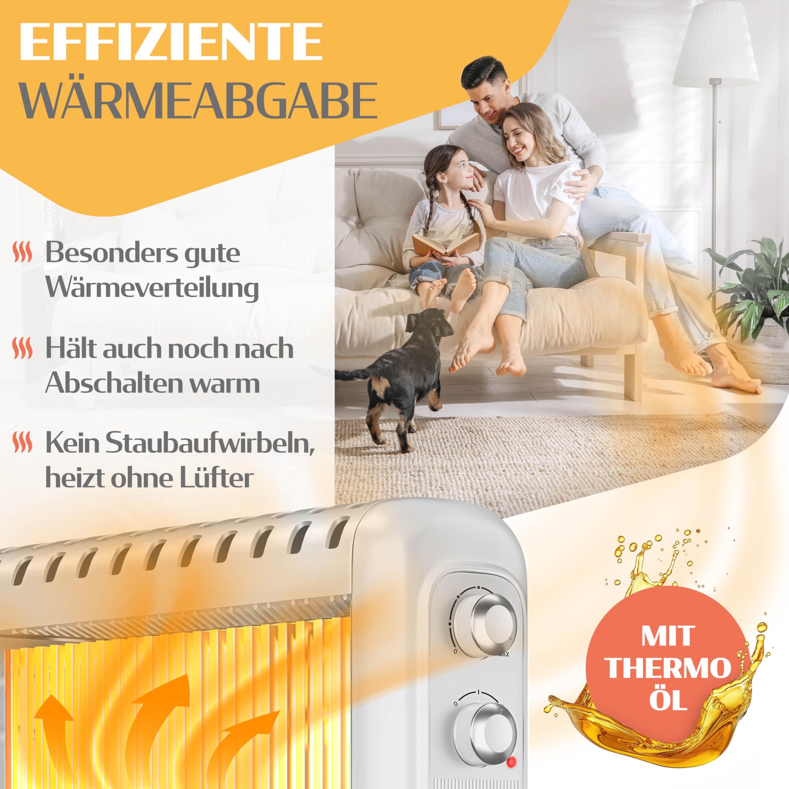 KESSER® Radiador de aceite de bajo consumo 2500W | Termostato, ventilador de calentamiento rápido | Calefacción eléctrica rellena de aceite + 3 niveles de calor, carcasa de protección, ruedas 360° |