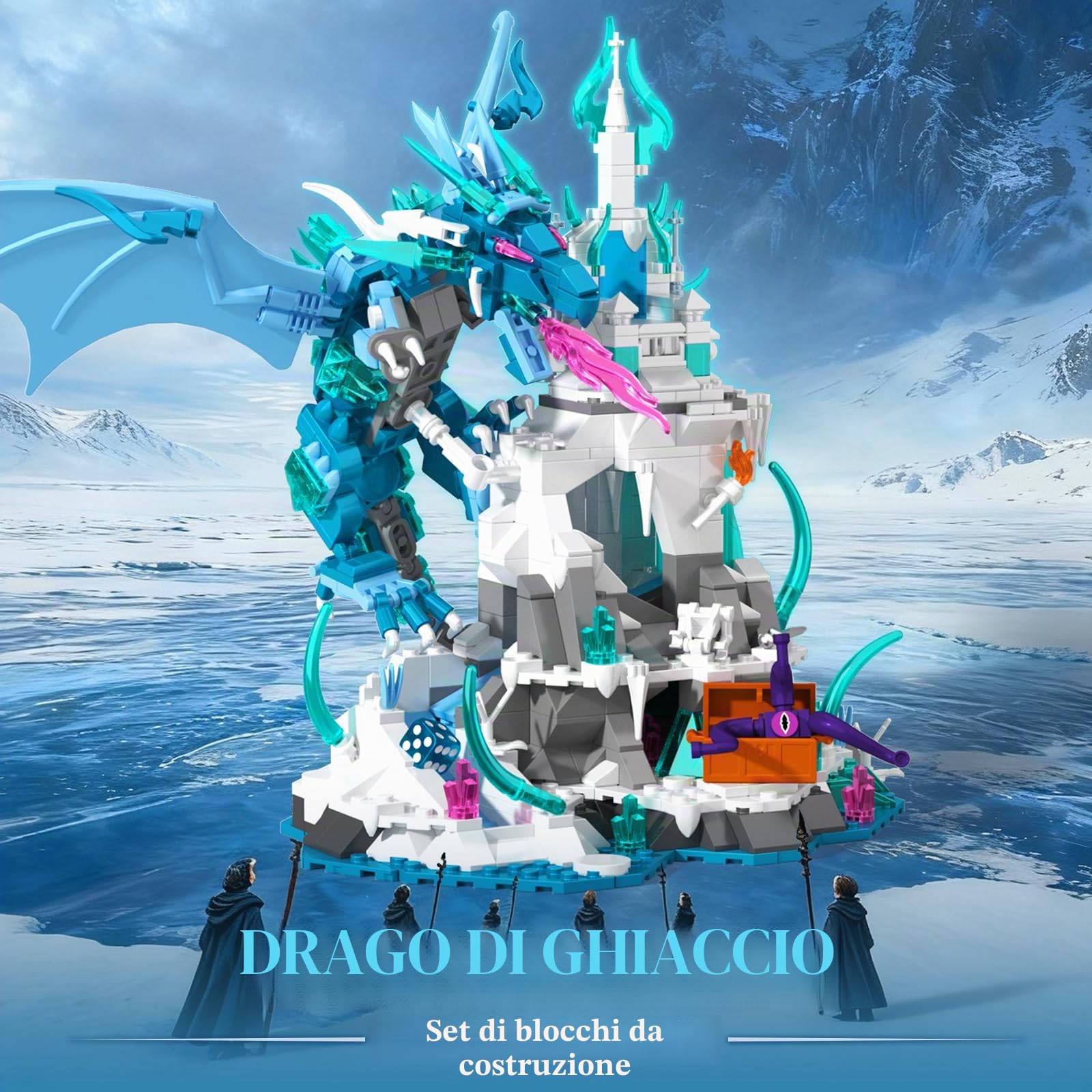 Set di blocchi da costruzione per adulti e ragazzi dai 14 anni in su, giocattolo creativo per la costruzione di castello di drago di ghiaccio, decorazione in stile fantasy, kit da
