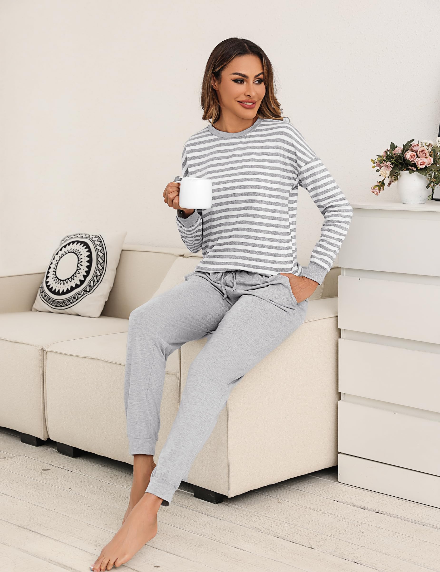 Bresdk Piżamy damskie zimowe bawełniane paski piżamy z długim rękawem plus size bielizna nocna