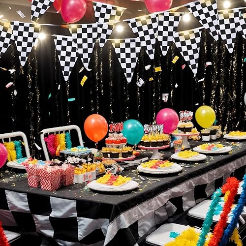 Miniatura 5 de Bandera a cuadros iluminada de 32.8 pies, banderín de carreras en blanco y negro con 8 modos intermitentes para fiestas de autos de carreras y