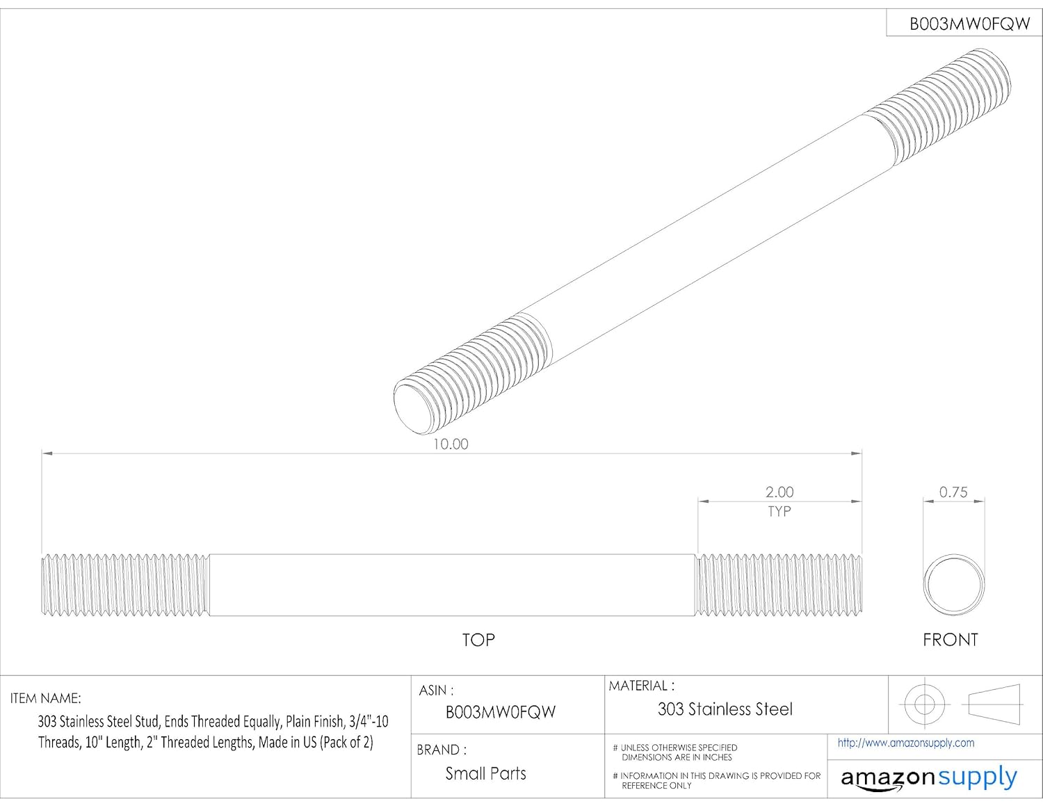 TE-CO Stainless Steel Driver Stud, 3/4-10 Thread Size x 10" Long (2-Pack)