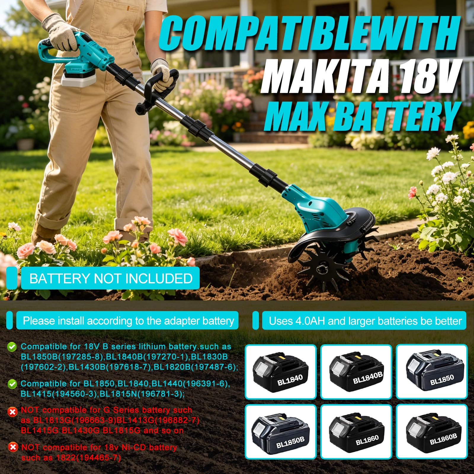 Akku-Bodenhacke Motorhacke für Makita 18V Akku, 16cm Bodenbearbeitungstiefe 23cm Bearbeitungsbreite, Gartenfräse mit 360 U/min Bürstenloser Motor, Elektro Motorhacke für Garten und Rasen (Ohne Akku)