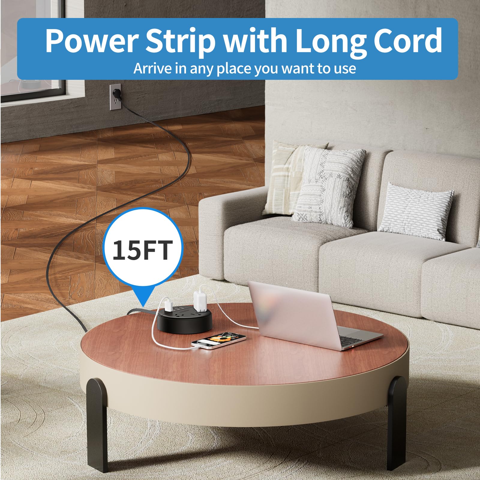 NTONPOWER Flat Extension Cord - 15 ft, Power Strip with 3 Outlets & 4 USB Ports, Ultra Thin Flat Plug, Wall Mount for Home Office & Dorm Room