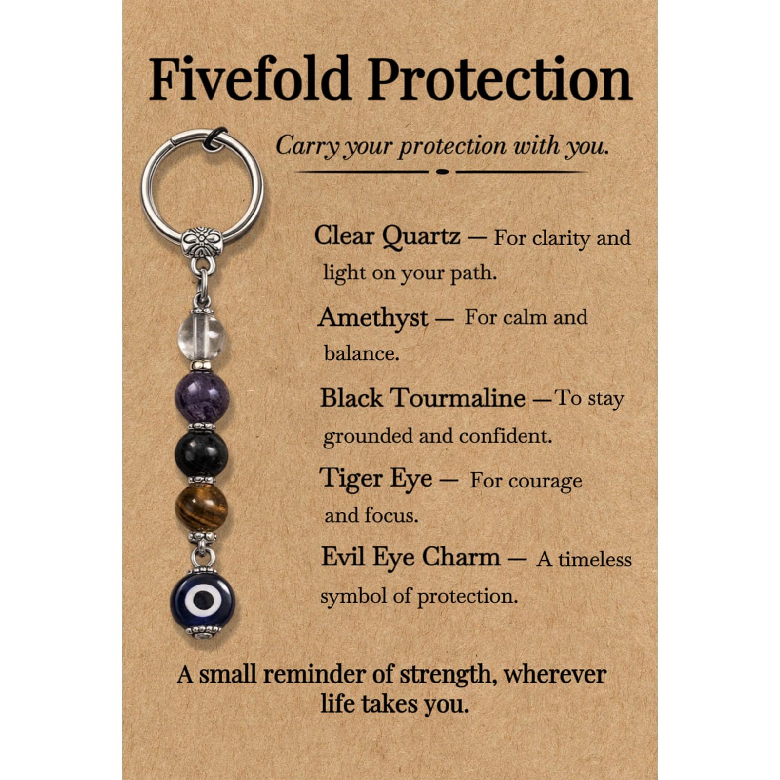 Phiomuue Unisex Gold Evil Eye Keychain, Fivefold Protection Keychain - Protection Keychain For Women & Men With 5 Healing Crystals - Spiritual Guardian Gift With Meaning Card