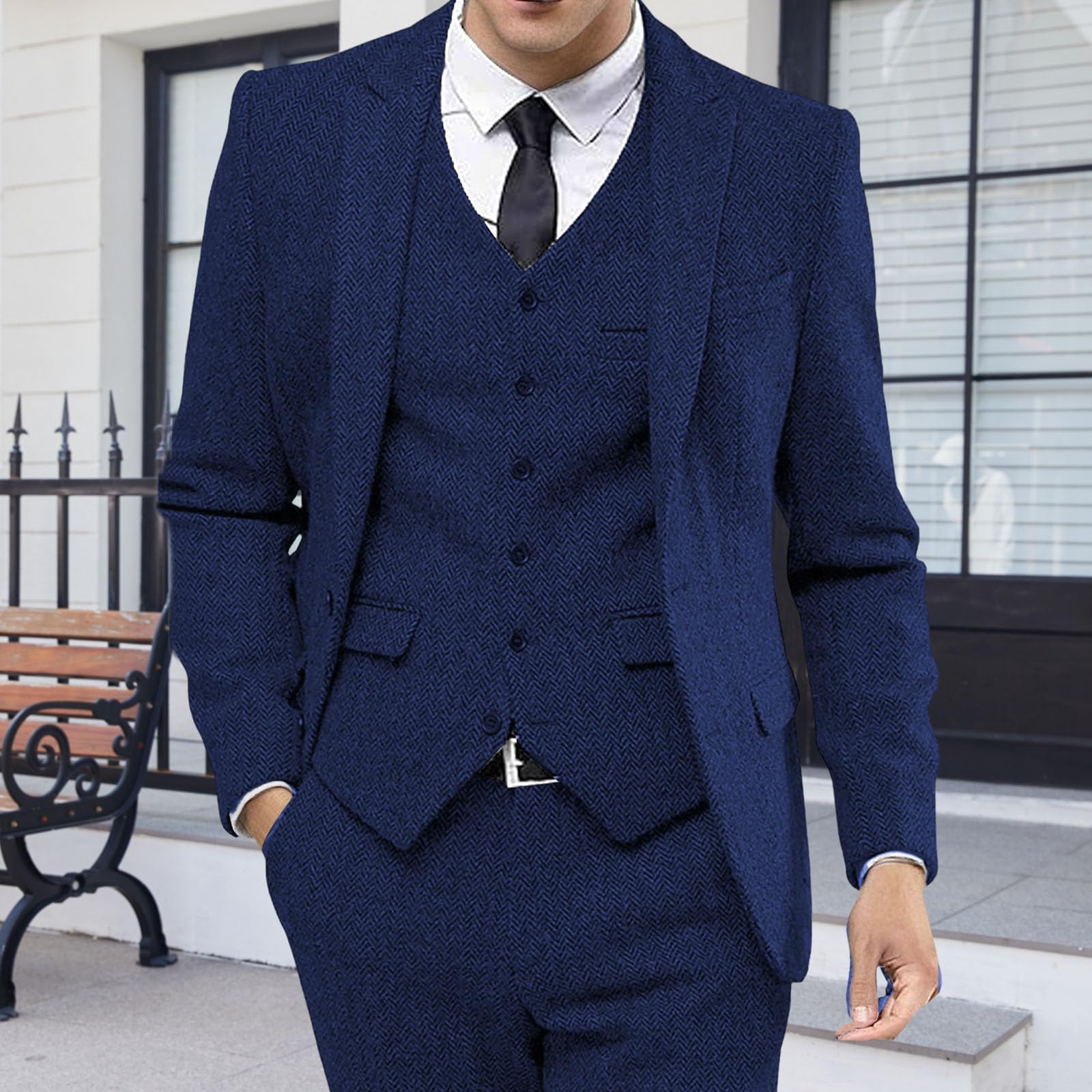 Costume de mariage 3 pièces en tweed à chevrons pour homme