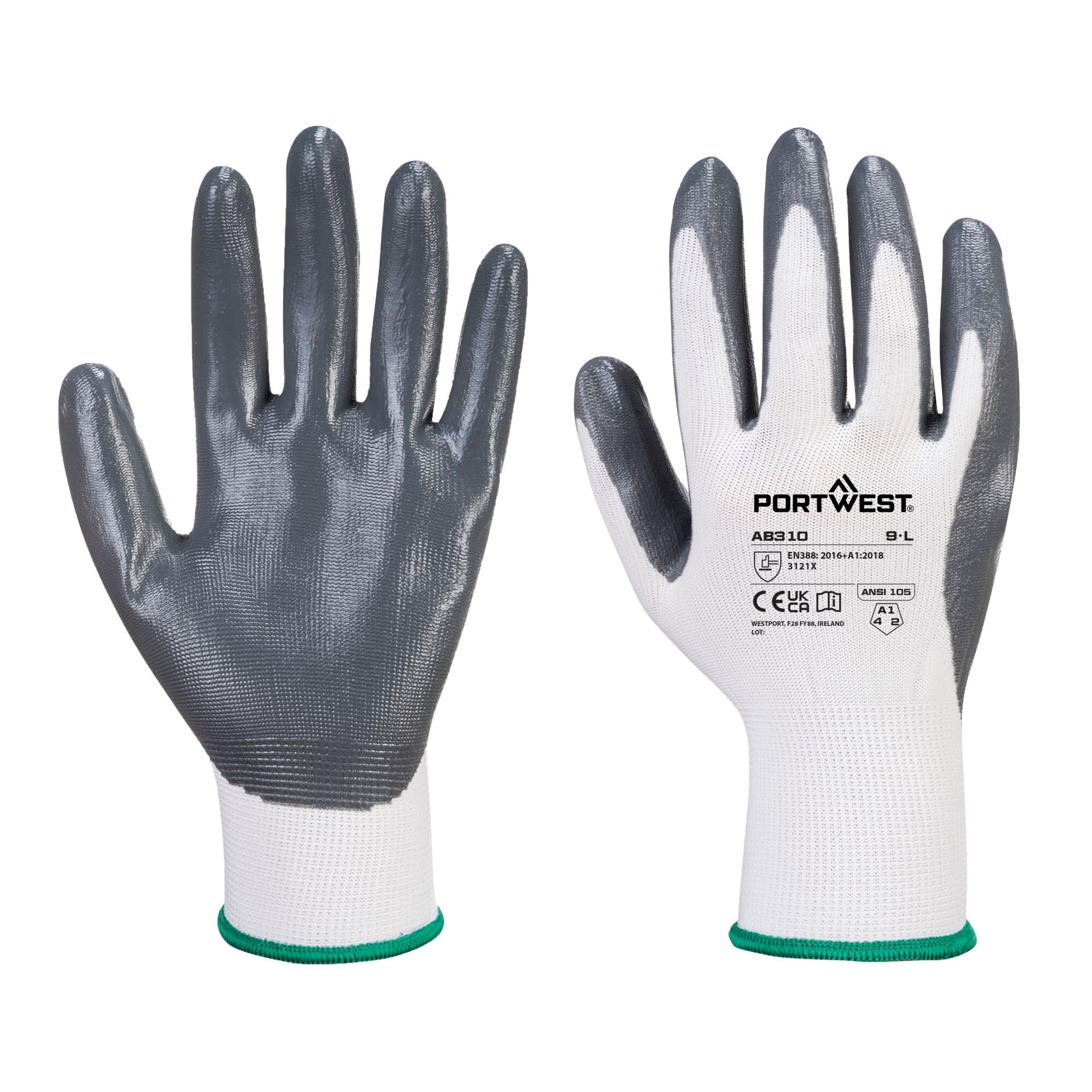 Portwest AB310 Grip 13 Nitrile Essential Work Gloves (12 Pack), White/Grey, XL