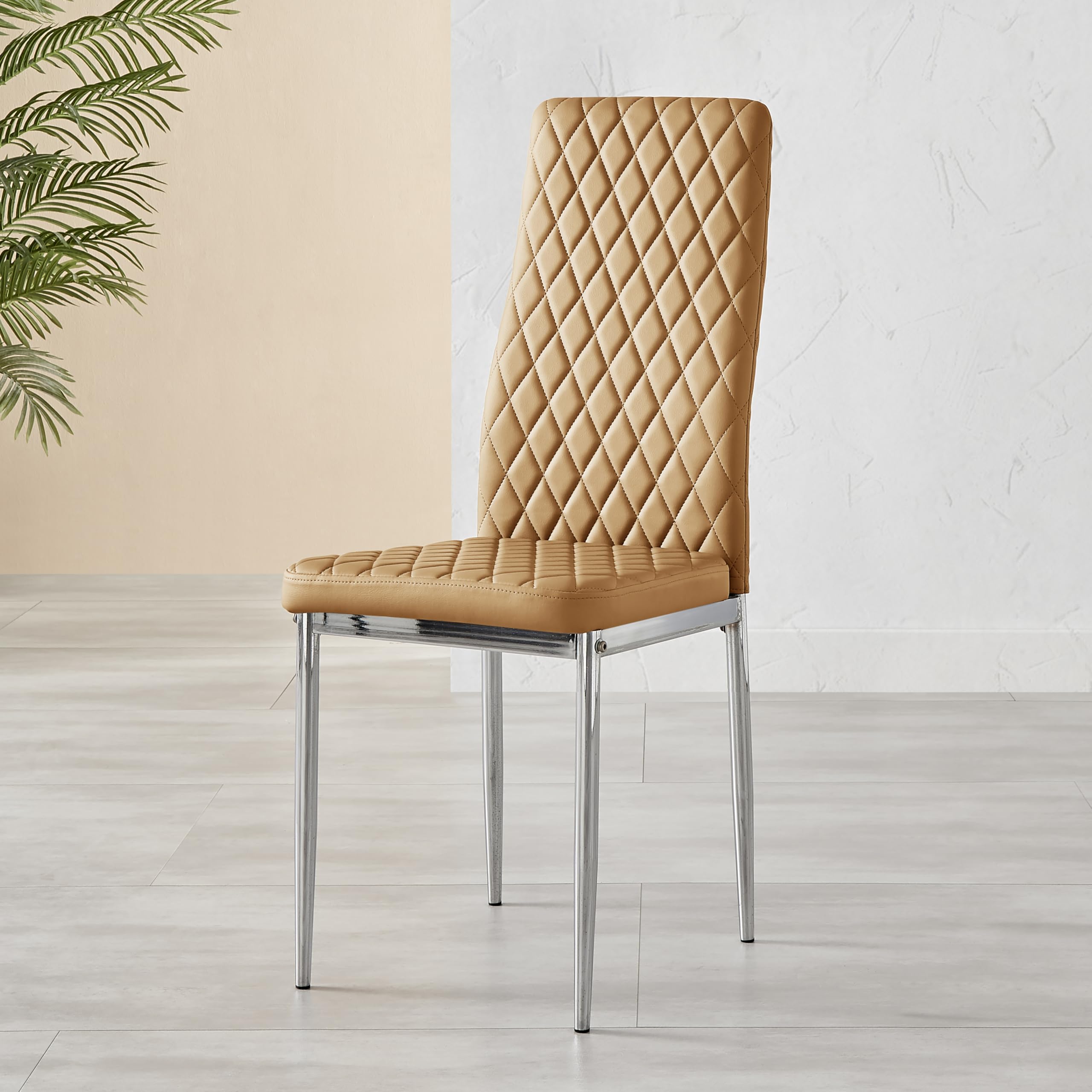 Furniturebox UK Milan 4/6 Modern Stylish Chrome Hatched Diamond Faux Leather Dining Chairs Seats Set (4x Mustard Yellow Chairs)