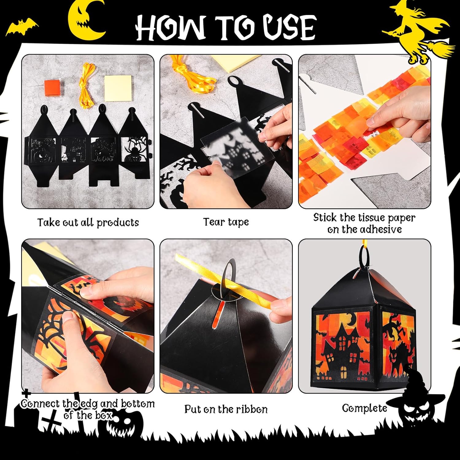 Pajean 16 Sets Halloween Lantern Crafts Set Halloween Suncatchers Tissue Paper Set DIY Pumpkin Cat Spider Castle Glass Make Your Own Ornament for Window Classroom Art Party Decorations Gift