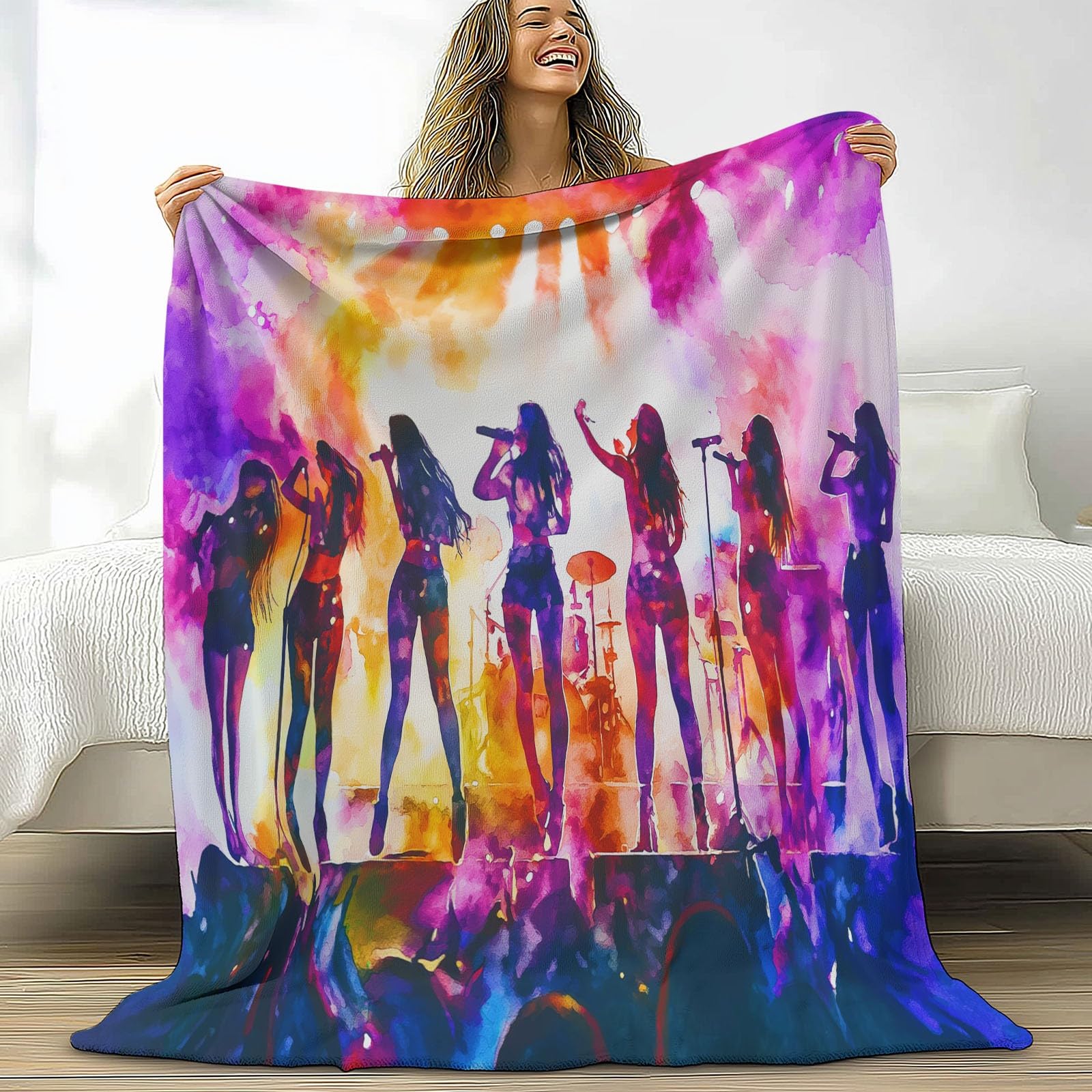 Genérico Wełniany koc 180 x 220 cm fotografia grupa popowa kobieta szerpa wełniany koc, kolorowy flanelowy koc polarowy koc pluszowy dzieci dorośli młodzież łóżko sofa sypialnia żłobek koce