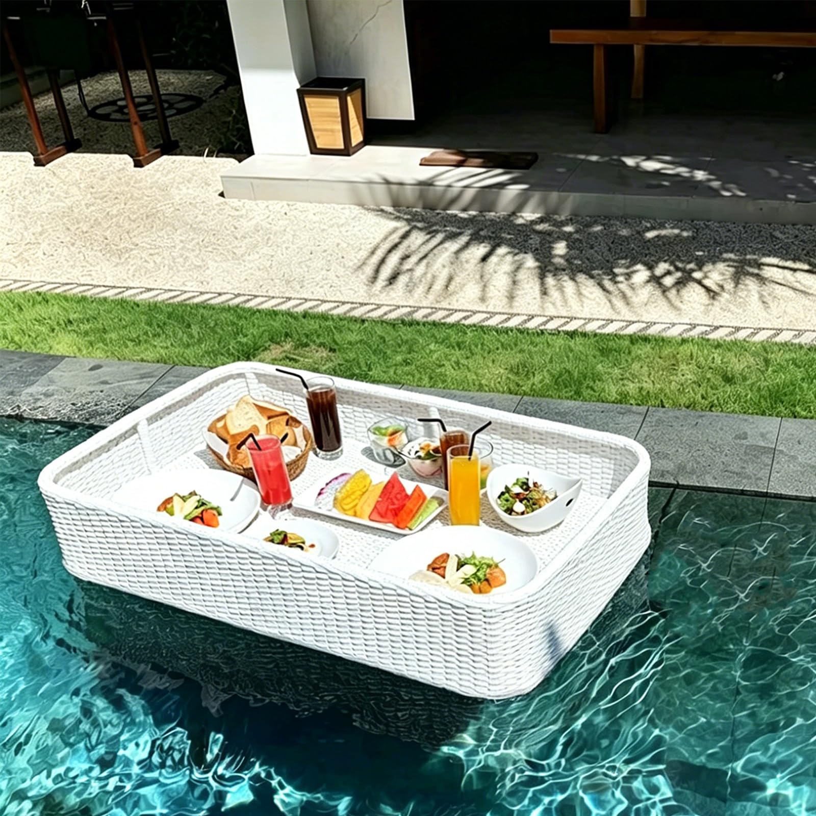 Floating Tray for Pool – Heavy-Duty Floating Pool Tray for Food and Drinks, Spill-Proof Floating Drink Holder for Pool, Swim Up Bars for Pool, Adult Swimming Accessory rectangle-White