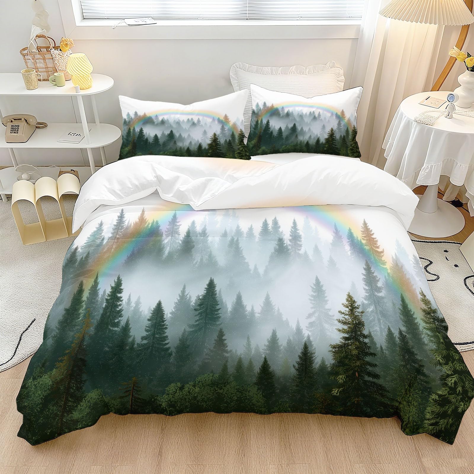 Nature Rainbows Forests Mist zestaw pościeli zielony dwustronny zestaw poszewek na kołdrę, miękka szczotkowana mikrofibra, poszewka na kołdrę 230 x 220 cm, poszewka na kołdrę, 2 poszewki na poduszki i