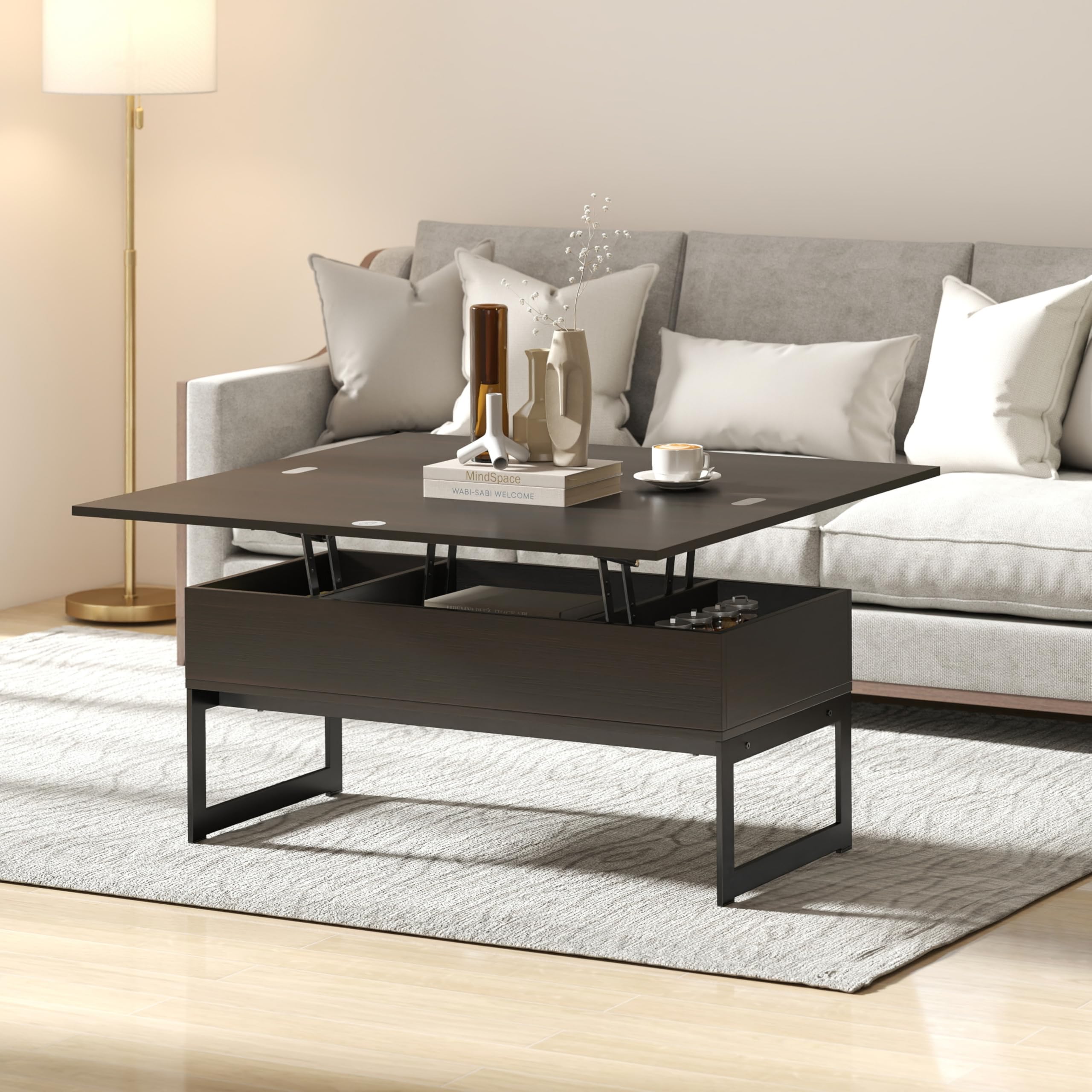 Table Basse Relevable, Tables Basse Extensible Multifonctionnelle 4 en 1 pour Salon, avec 3 Cases de Rangement Cachées, Table Basse Convertible Manger (Pied métallique, Noir brunâtre)