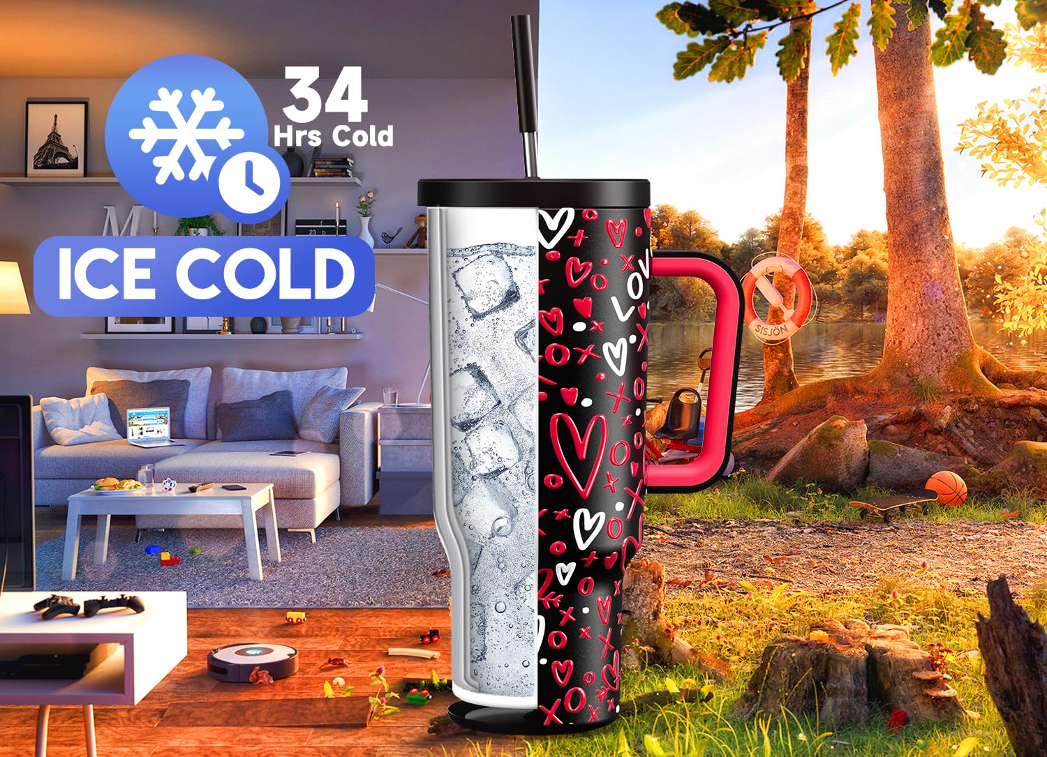 Meoky 40 oz Tumbler with Handle and Straw, Valentines Day Tumbler with Lid and Straw, Insulated Stainless Steel Travel Mug - Image 2