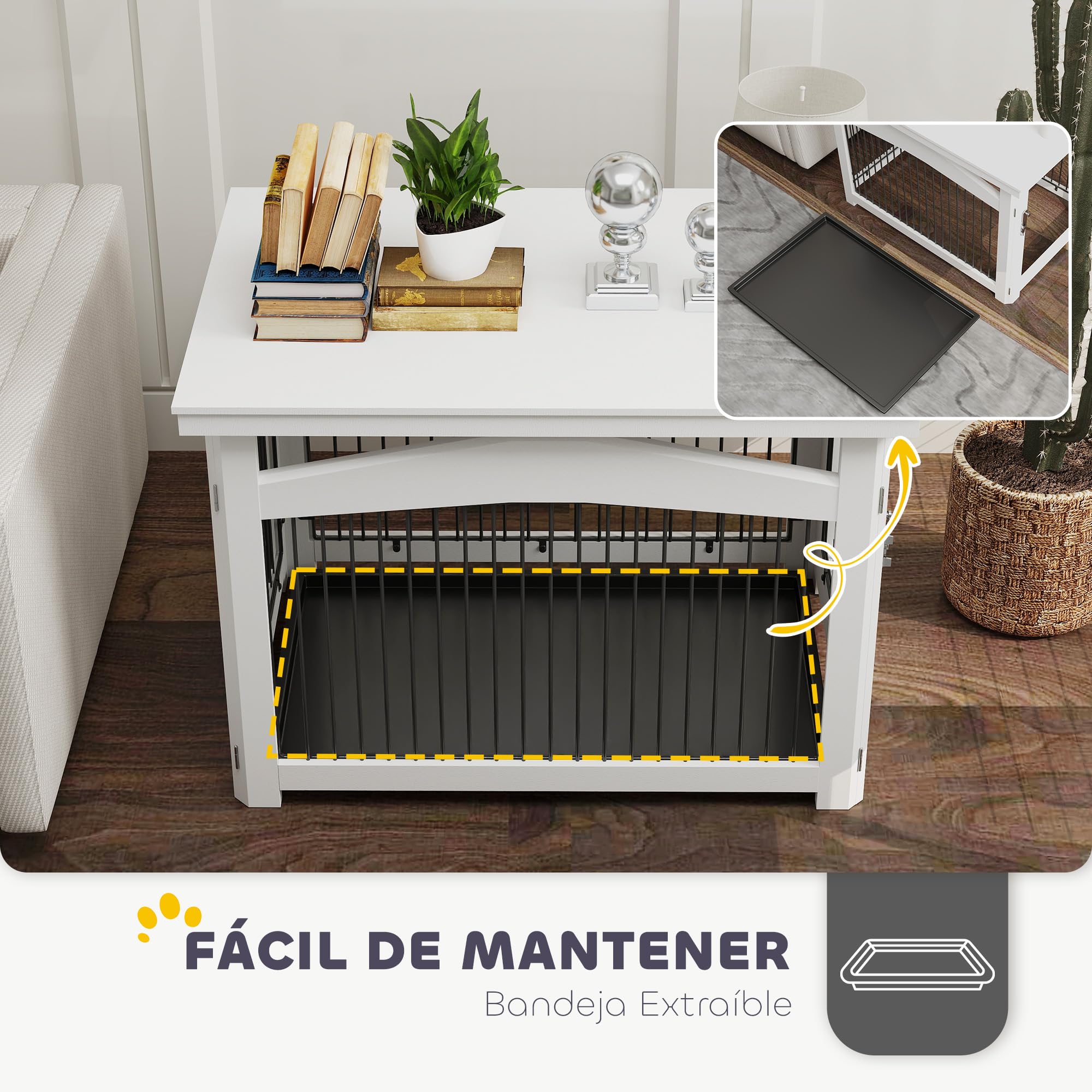 PawHut Jaula para Perros Medianos 3 en 1 Mesa Auxiliar Barrera para Perros con Puerta con Pestillo Tapa Superior Desmontable y Bandeja Extraíble 82,5x57,5x59,5 cm Blanco