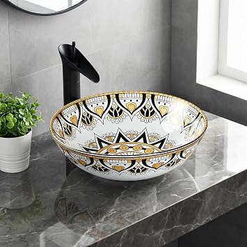 InArt Round Vessel Sink, 15.35" x 15.35" x 5.51" Sunflower Vine Ceramic Bathroom Sink, Above Counter Countertop Vanity Bowl, Modern High-Gloss Designer Pattern