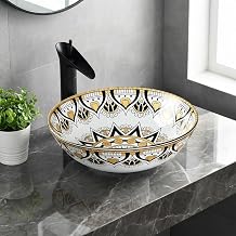 InArt Round Vessel Sink, 15.35" x 15.35" x 5.51" Sunflower Vine Ceramic Bathroom Sink, Above Counter Countertop Vanity Bowl, Modern High-Gloss Designer Pattern
