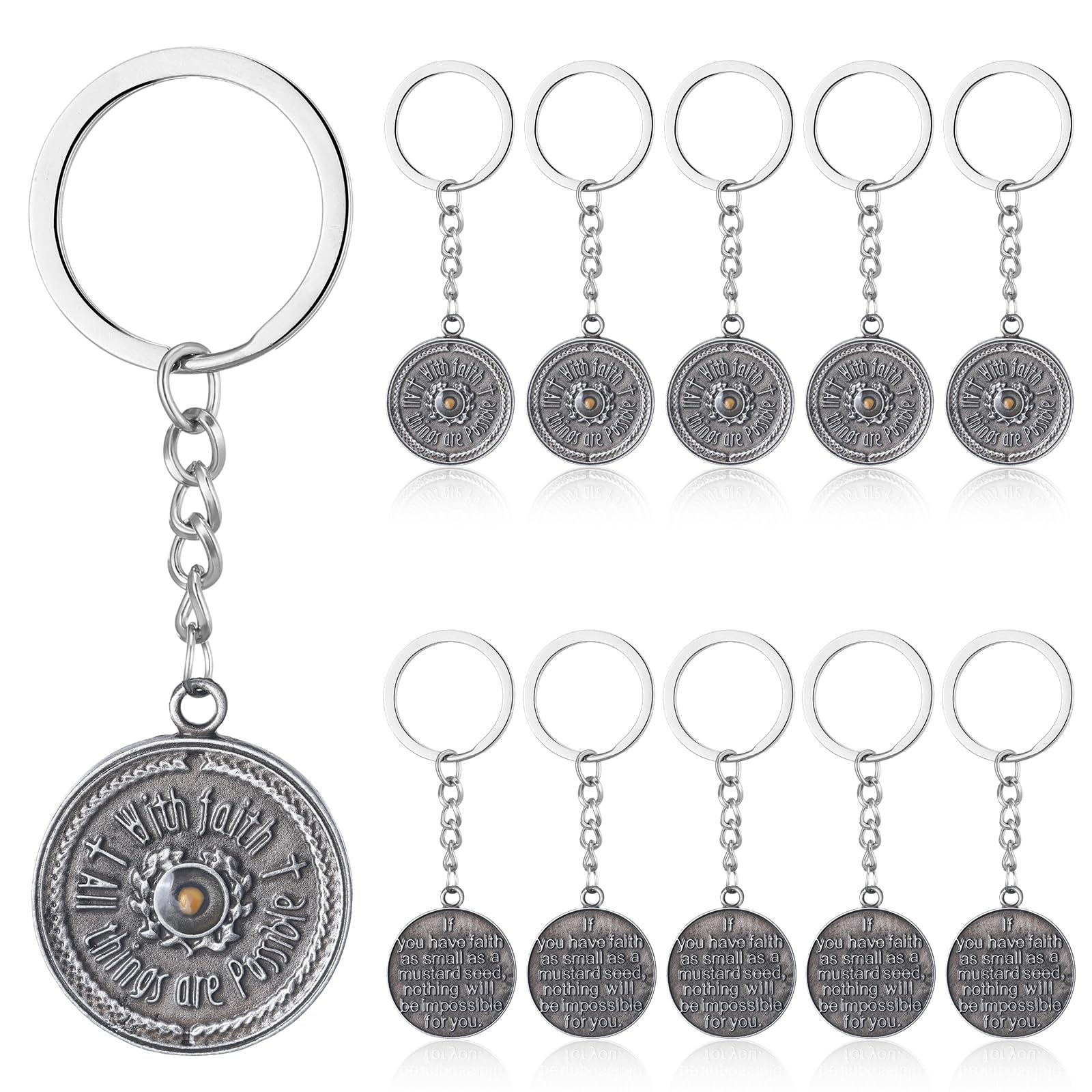 Sureio 10 Pieces Mustard Seed Keychain Christian Mustard Seed Key Ring with Faith All Things Are Possible Pendant Key Chains Religious Inspirational Gift for Family Friends