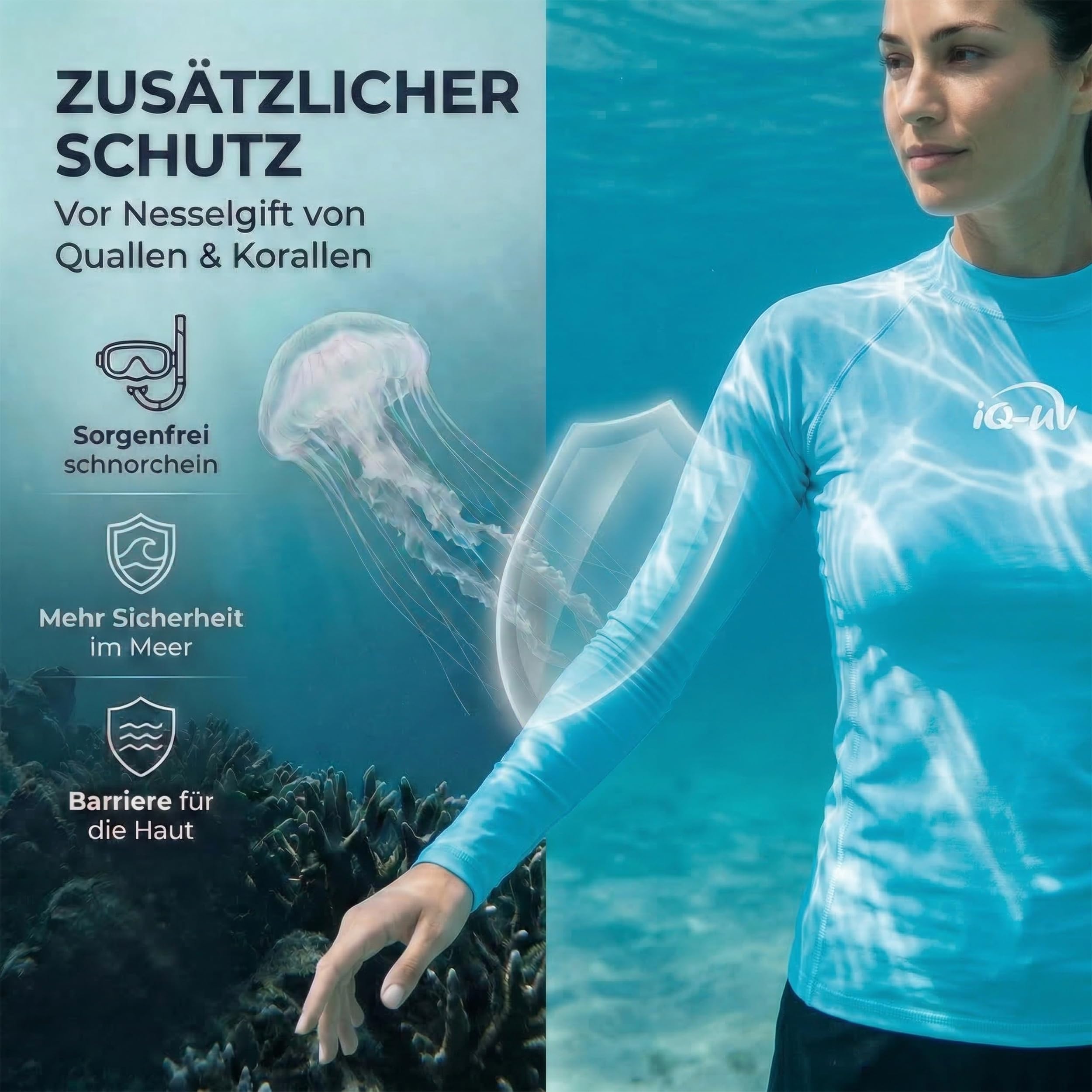 iQ-UV Sportshirt Damen Langarm Slim Fit – UV Shirt für Damen für Wasser & Sport – Rash Guard mit UV-Schutz – Langarm Sportshirt – Ideal zum Schnorcheln und Schwimmen