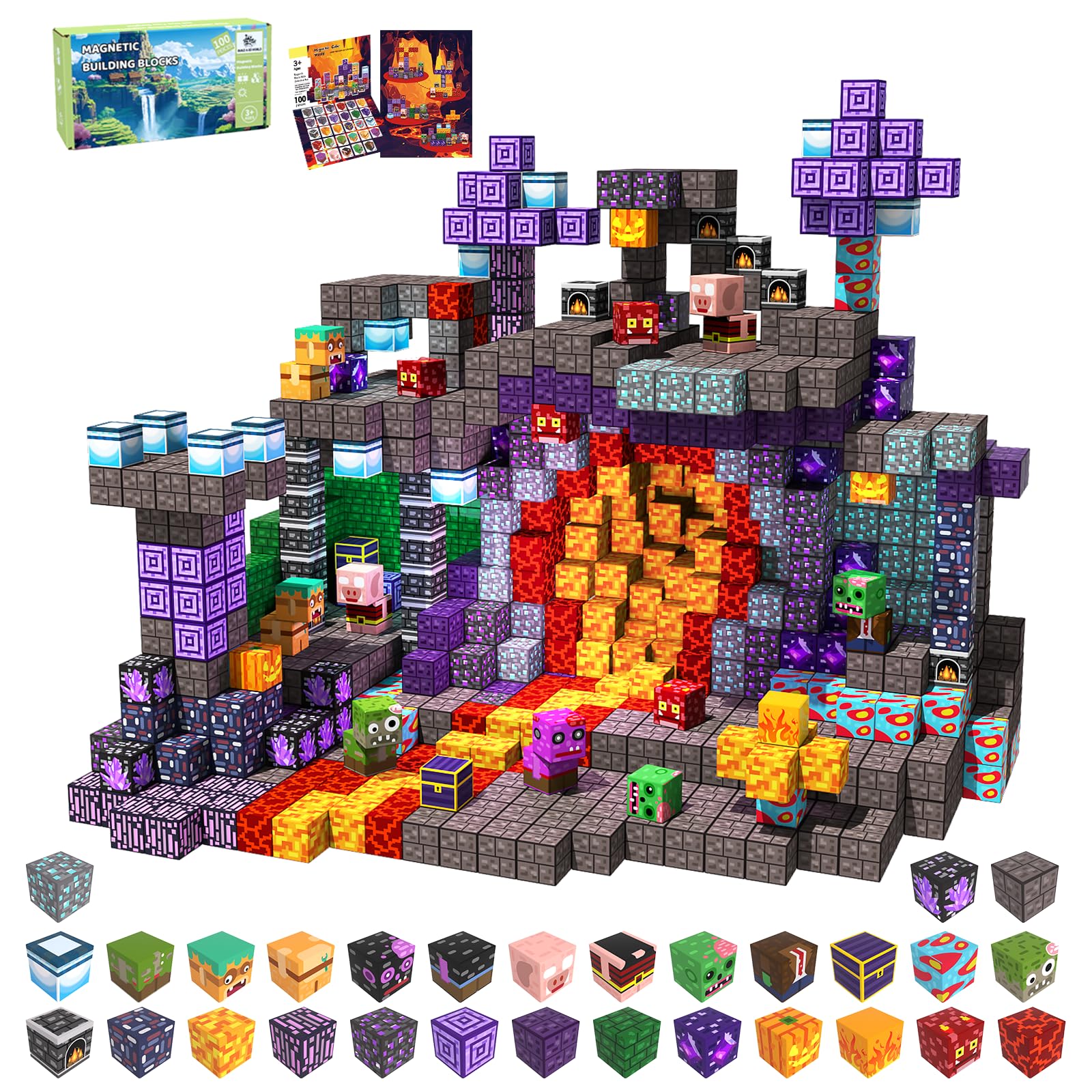 Magnetische Bausteine Bauspielzeug 100 Pcs Magnetbausteine für Kinder Montessori Kreative Spielzeug ab 3 4 5 6 7 8 9 10 Jahre Junge und Mädchen Magnetic Blocks Geschenke für Kinder（Höhlenerkundung）