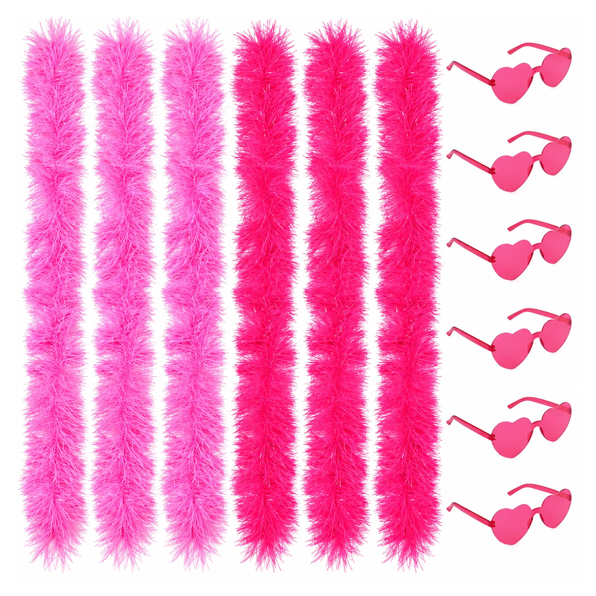 12 Pcs Pink and Red Feather Boa Set with Heart Rimless Sunglasses for Women