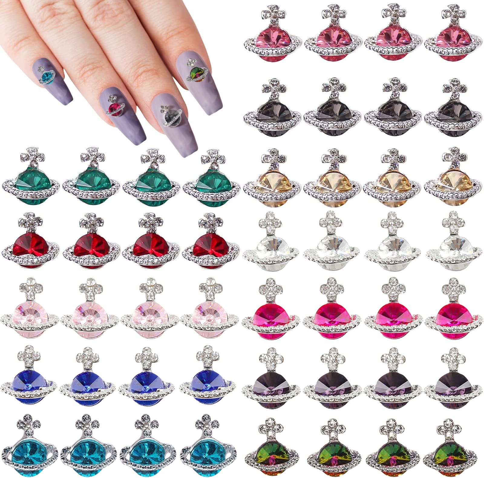 HOINCO 60 Pcs Planet Nail Charms Nail Rhinestones 3D Shiny Saturn Shape Alloy Crystal Diamond Luxury Nail Art Ornament Gems for Girls DIY Crafts Decoration Supplies (12 Colors)