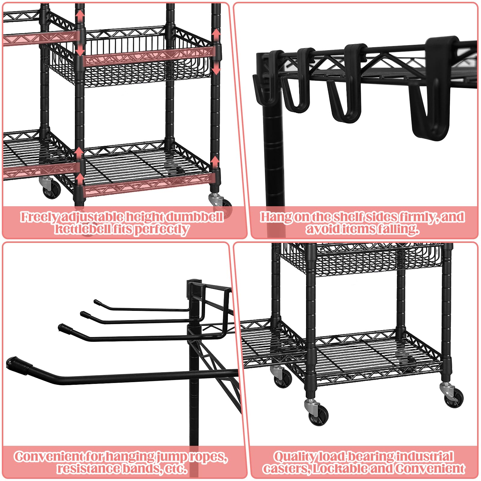 Rastrelliera per Manubri a 3 Livelli con Ruote Bloccabili e Ganci – Scaffale Palestra in Acciaio al Carbonio per Manubri, Tappetini Yoga e Bande di Resistenza, 91,5×30×82,5 cm, Portata 120 KG