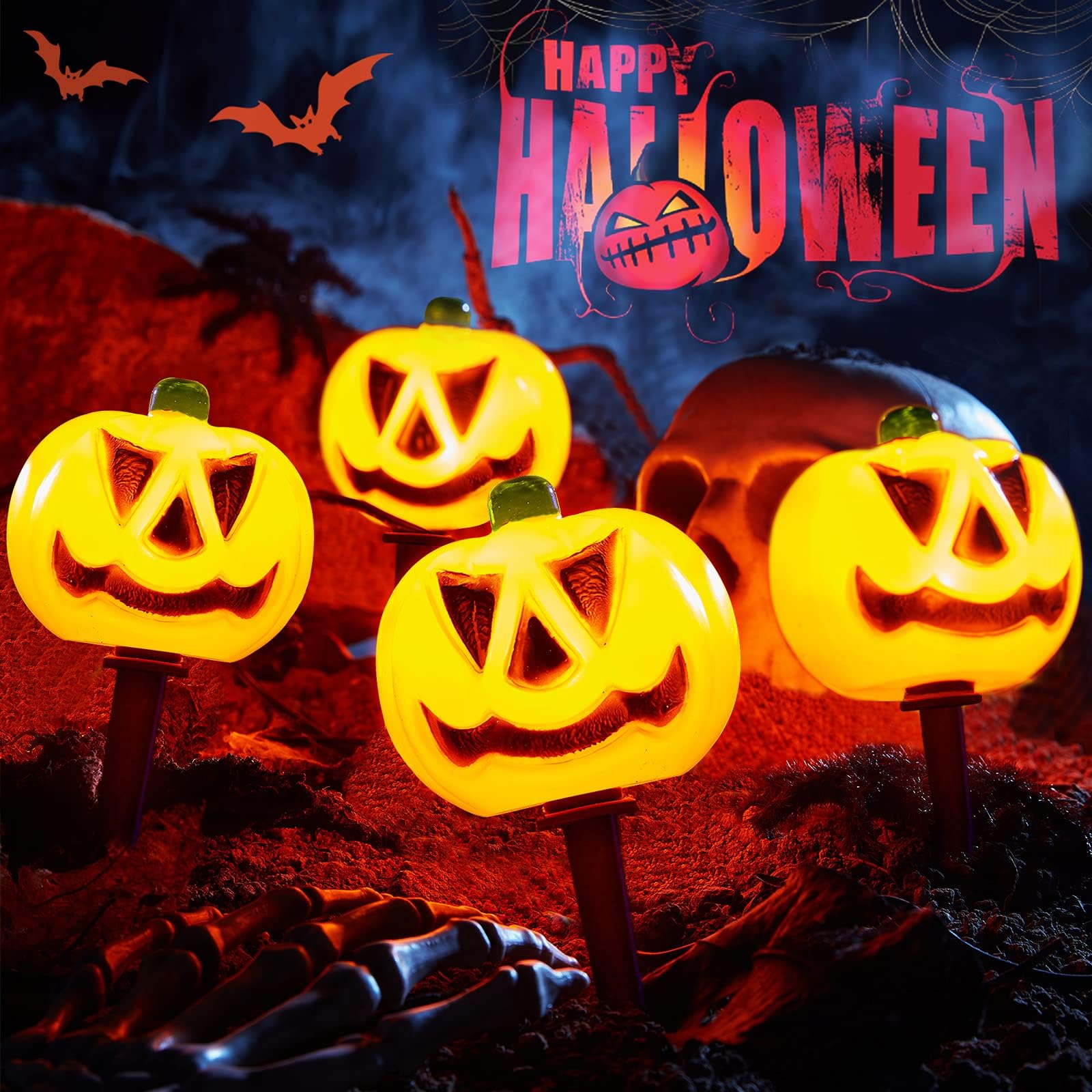 Halloween Decorations Outdoor 3D Lighted Pumpkin 7.8 FT Halloween Lights String with 4 LED Pumpkins Pathway Lights, Waterproof Battery Operated Jack-O-Lantern Yard Stakes For Outdoor Halloween Décor