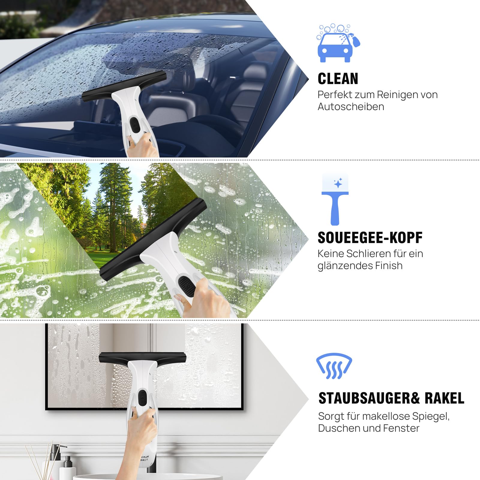 Akku Fenstersauger | Elektrischer Glasreiniger mit 2,0 KPA Saugkraft | 150 ml Wassertank & 28 cm Gummischaber | Für Fenster, Spiegel, Fliesen & mehr | Kabellos & IPX4 wassergeschützt