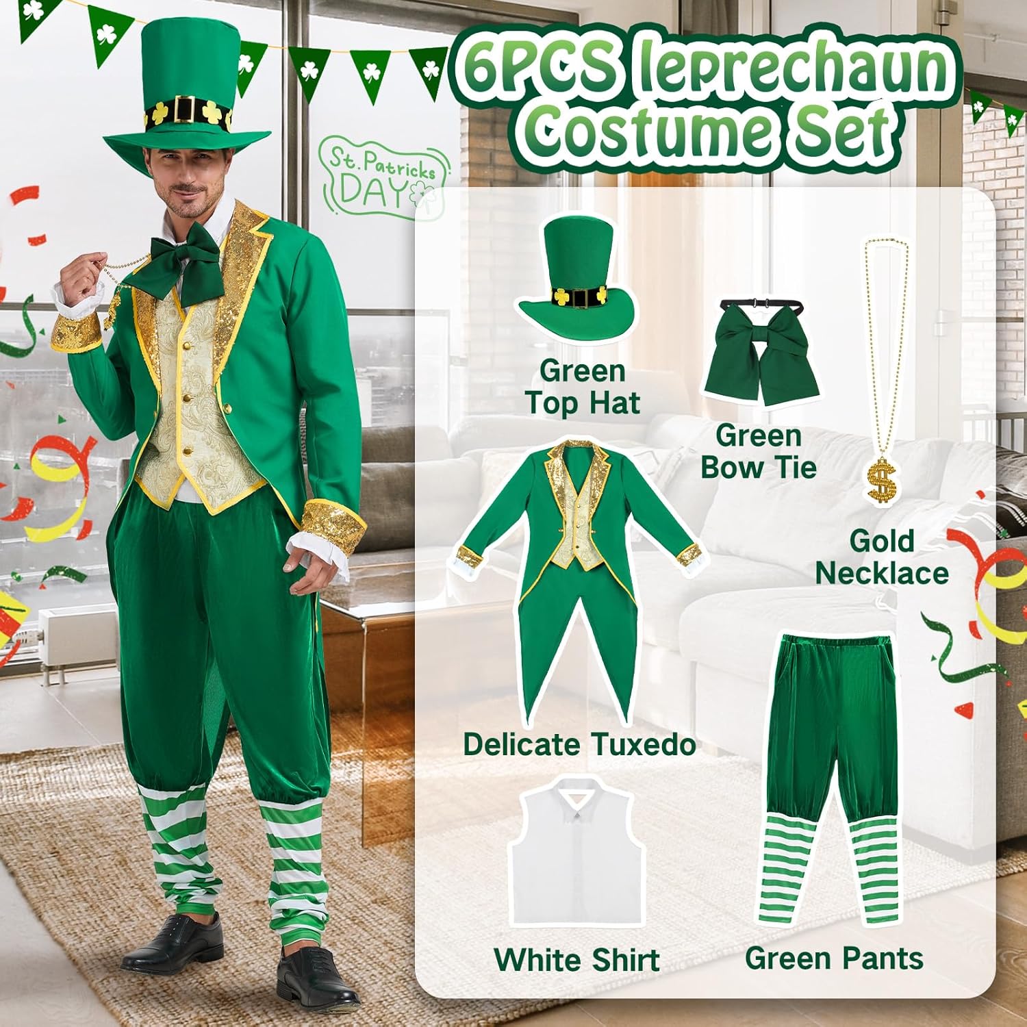 Leprechaun Costume Men St. Patrick's Day Green Adult Irish Lucky Suit 6pcs Set Outfit Jacket for Party Halloween - Image 4