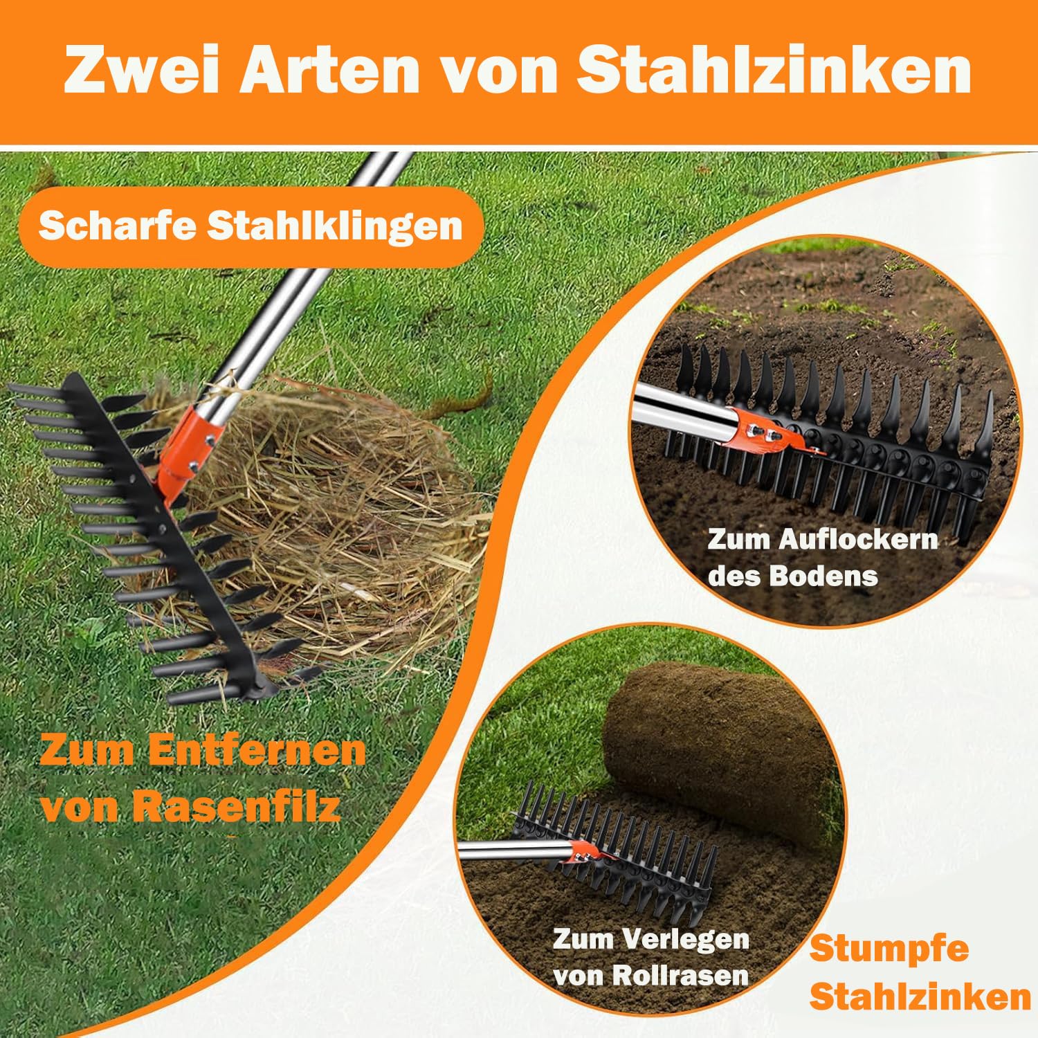 Vertikutierrechen für Rasenflächen – 38 cm breiter Rechen mit Zwei-Seiten-Zinken & 145 cm verstellbarem Stiel, Hochbelastbarer Gartenrechen aus Stahl inkl. Rutschfester Handschuhe