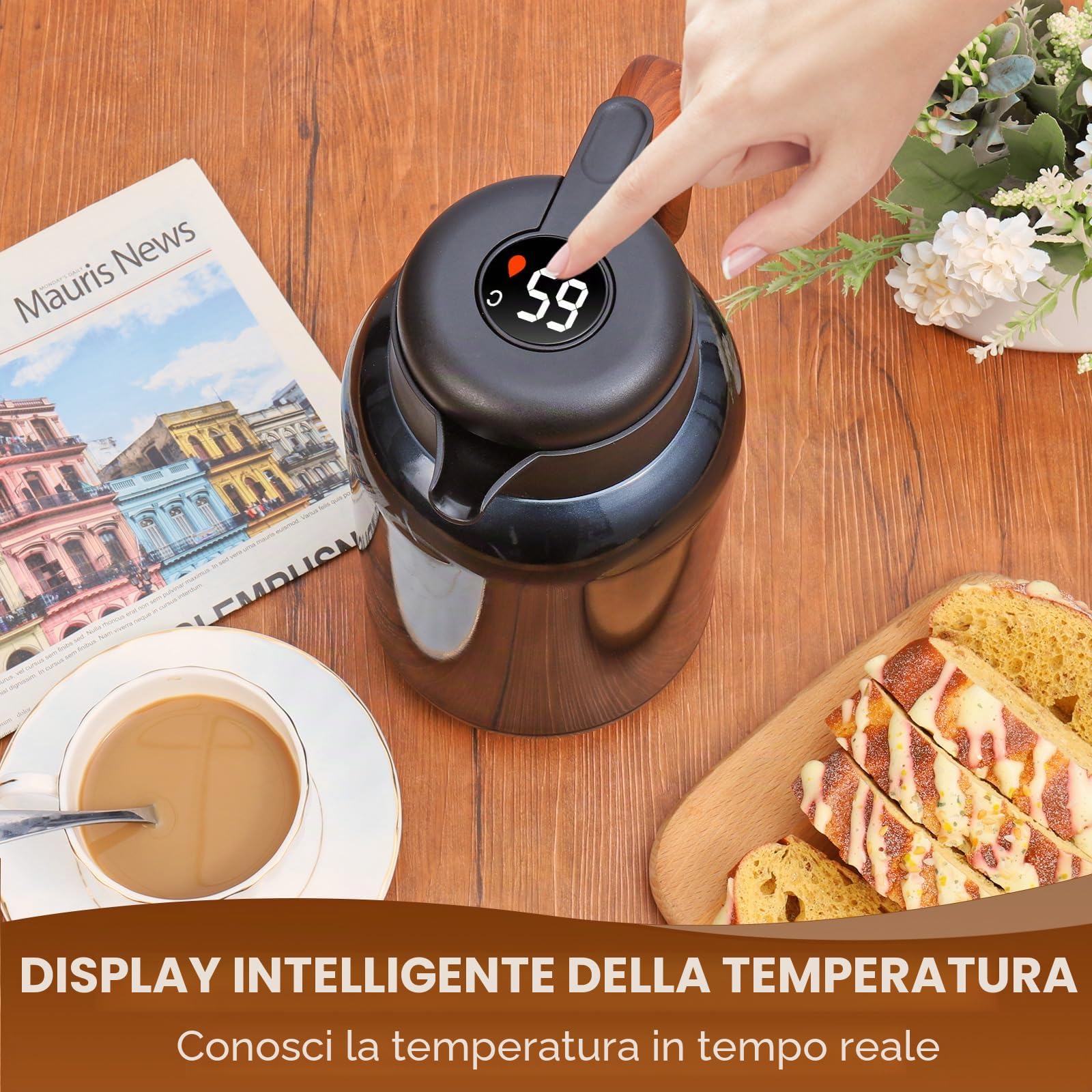 Dreamhigh® Thermos 2 l con colino da tè, thermos con indicatore di temperatura, caffettiera ben sigillata (senza perdite, nessuna goccia), per caffè, tè e latte