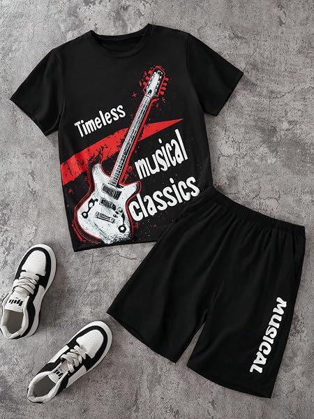 Ensemble de 2 t-shirts d'été tendance pour garçon, haut imprimé guitare colorée associé à un short imprimé lettre - 2
