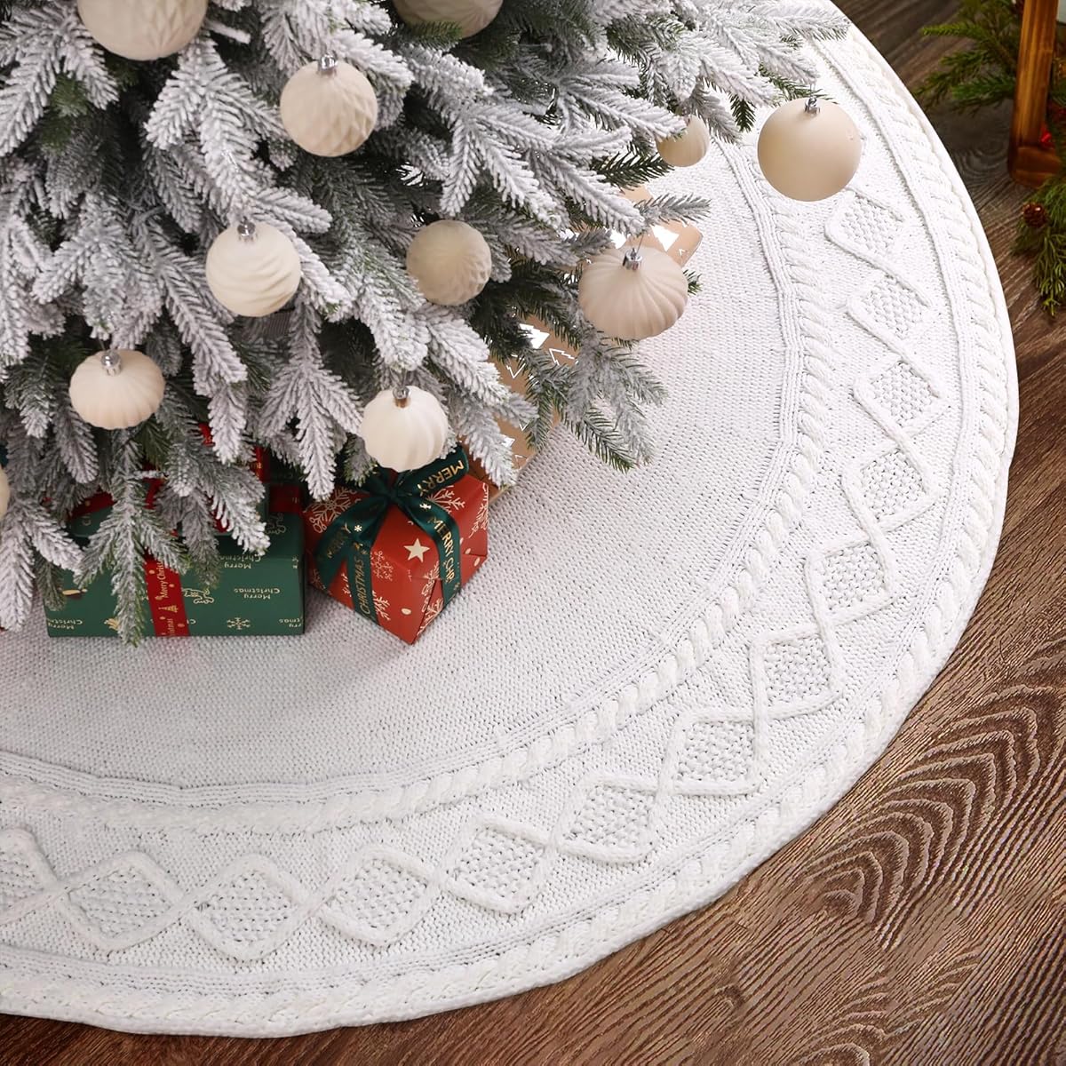 YUJUN 48 inches Christmas Knitted Tree Skirt Decorations Xmas Large White Chunky Cable Farmhouse Thick Rustic Tree Skirt for Merry Christmas Tree Holiday Home Party Decoration