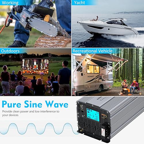 Miniatura 4 de GIANDEL Inversor de corriente de onda sinusoidal pura de 2000 W CC 12 V a CA 120 V con un bloque de terminales de cable duro y pantalla LCD grande,