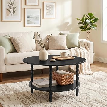 HOOBRO Coffee Table, 2-Tier Round Coffee Table, Mid-Century Modern Coffee Table for Living Room, Center Table with 2-Tier Open Storage Shelf, Home Office, Black BK75KF01