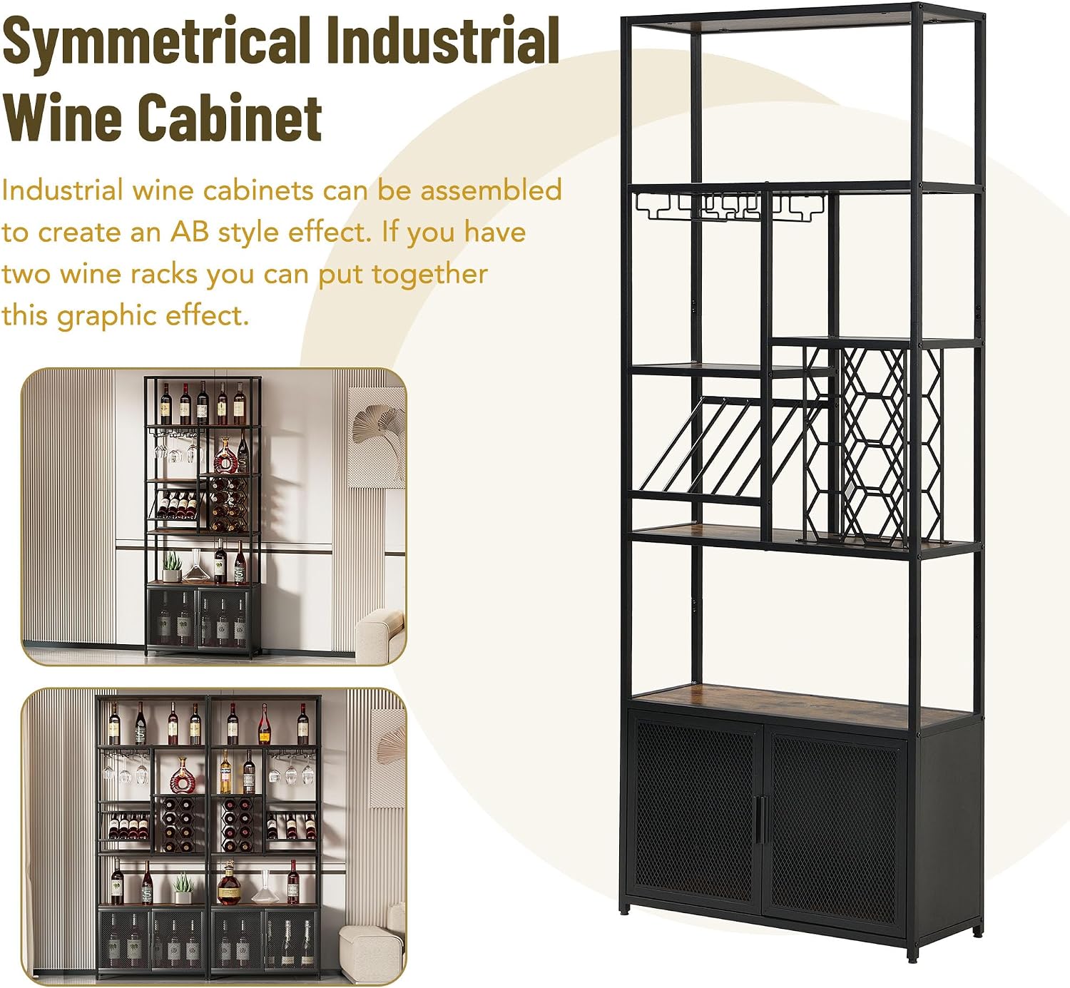 82.7" Industrial Standing Wine Rack with Glass Rack Tall Freestanding Floor Bar Cabinet