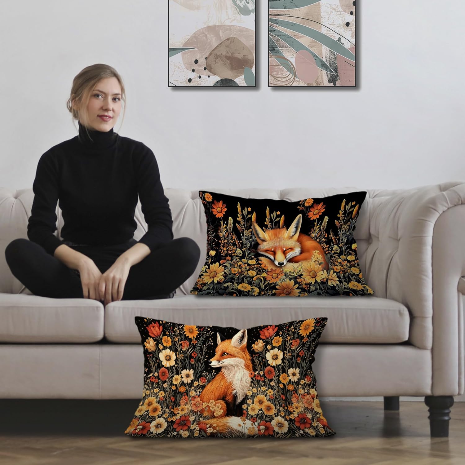 Vintage Moody Floral Fox Pillow Covers 12x20 Set of 2, Dark Cottagecore Botanical Wildflower Forest Fox Decorative Lumbar Pillow Covers for Home Bedroom Living Room - Image 2