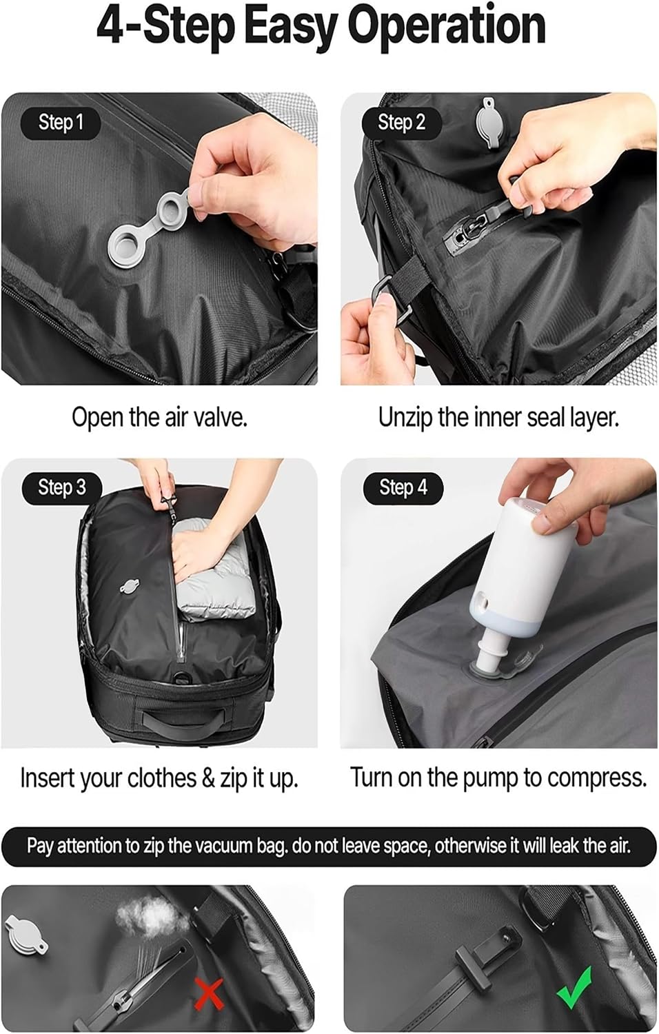 Vacuum Backpack Travel,with Air Pump,60L Expandable Compression,TSA Lock,Built-in TPU Vacuum Bag,Fit 18" Laptop for Travel&Business image 3