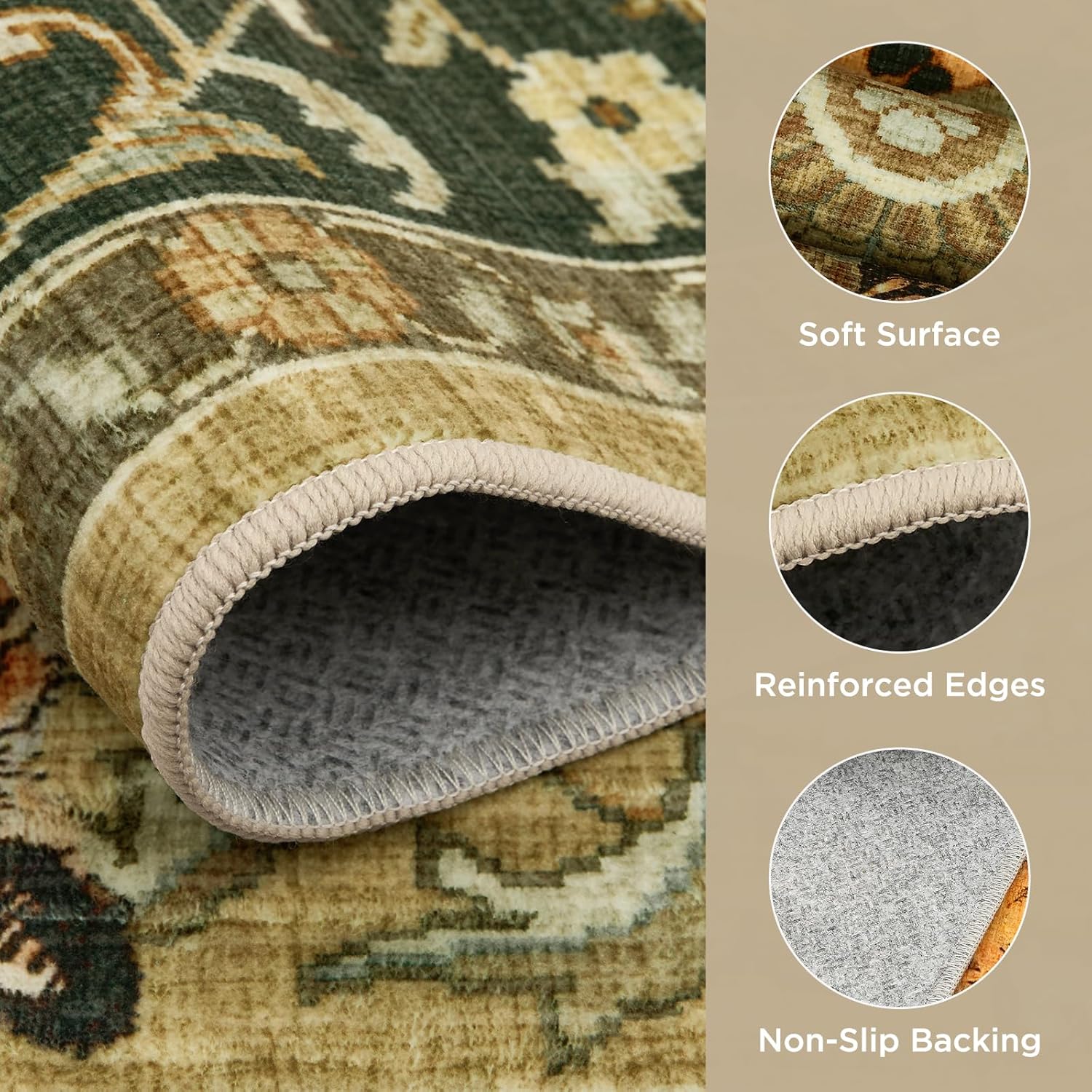 Joydeco Washable Tiger Print 5x7 Living Room Area Rug, Vintage Boho Cheetah Dining Room Rug Non Slip, Leopard Stain Resistant Carpet for Bedroom Office Playroom Entryway, Camel