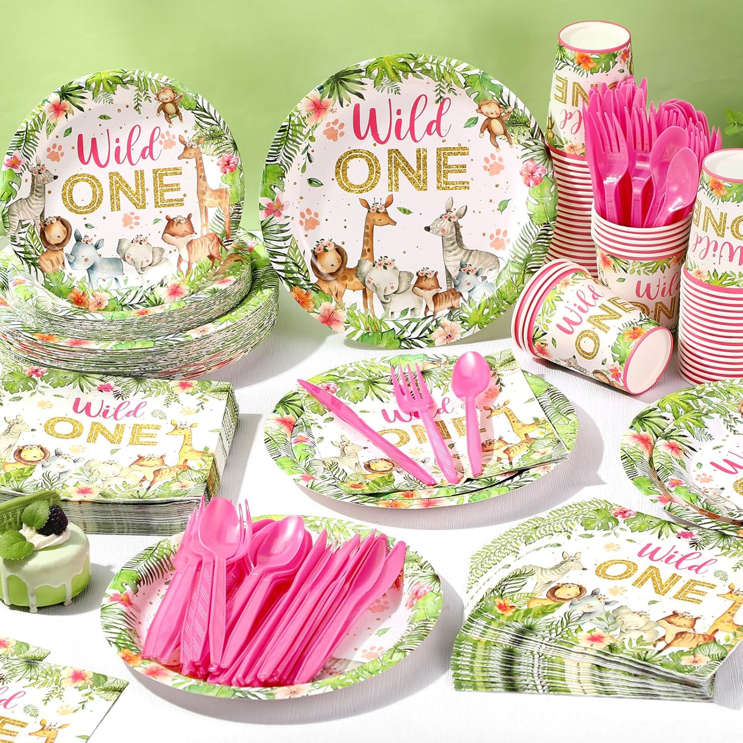 400 Pcs Wild One Birthday Party Supplies for 50 Guests 1st First Safari Jungle Baby Shower Disposable Plate Napkin Cup Spoon Fork Knives for Girls Animal Party Decoration