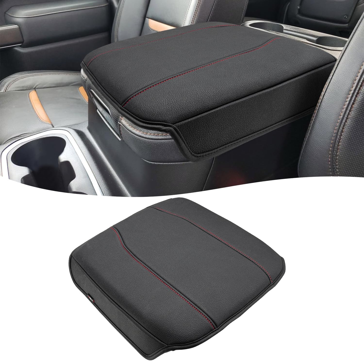 KBH Center Console Armrest Cover for GMC Sierra & Chevy Silverado 2019-2025, Tahoe & Suburban & Yukon 2021-2025, Bucket Seat Console Accessories, Black-Red Stitches
