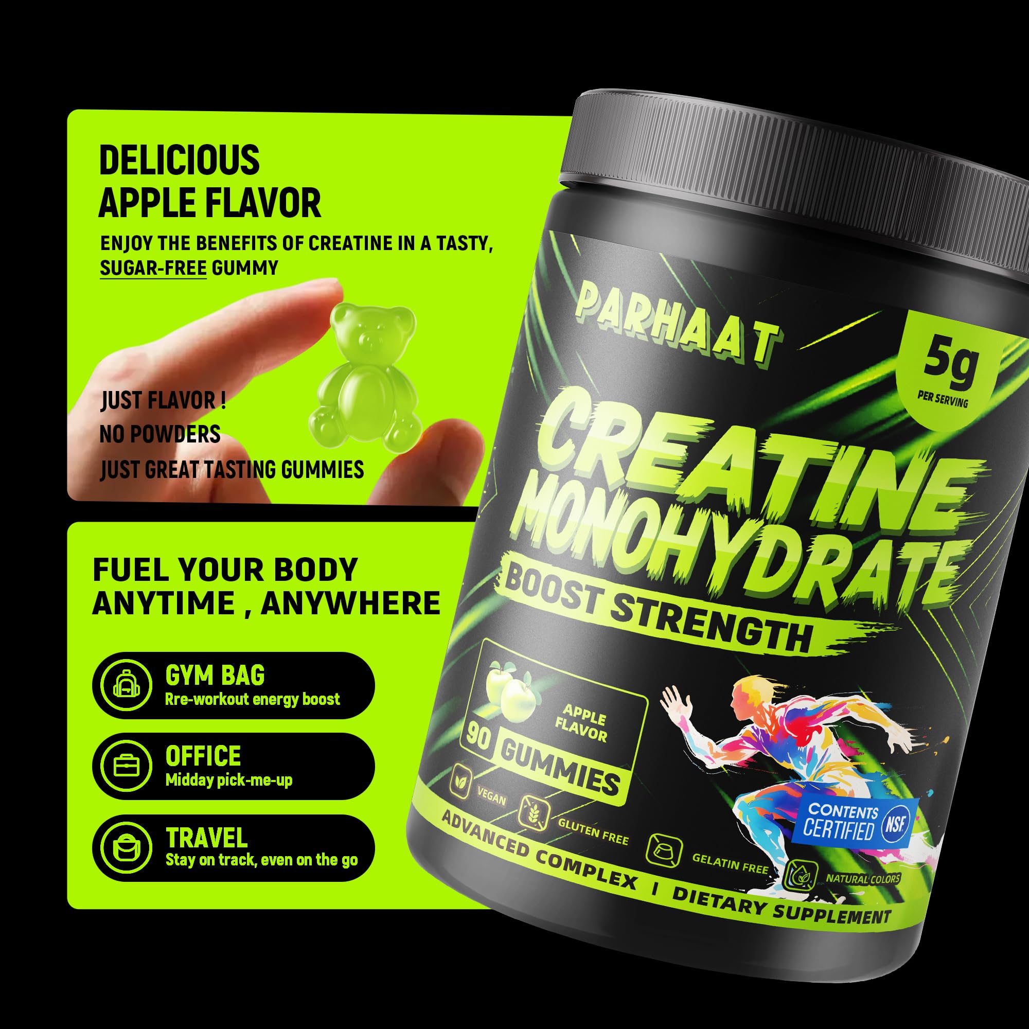 NSF Certified Creatine Gummy - Creatine Monohydrate Gummies 5g for Men & Women - Boost Focus,Strength, and Endurance, Vegan, Gluten-Free, Non-GMO, 2.5 Gram Creatine per Gummy (Apple 90 ct) — Amazon image 6