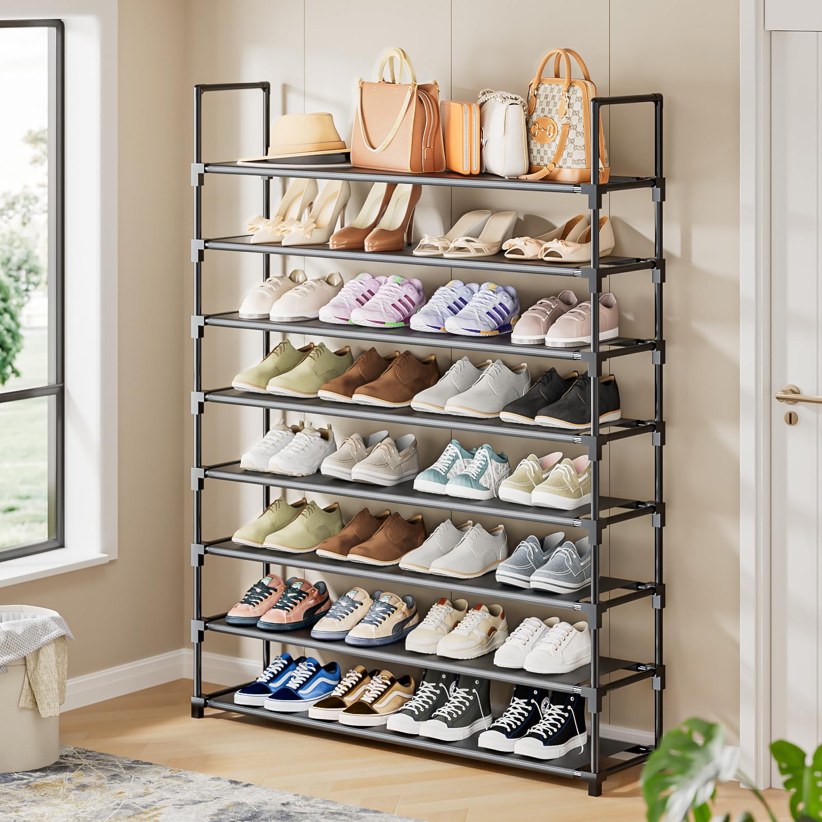 OYREL Scarpiera a 8 ripiani per 32-40 paia di scarpe, organizer grande con borsa laterale, salvaspazio, per armadio, ingresso, garage, camera da letto, scarpiera in tessuto non tessuto, nero
