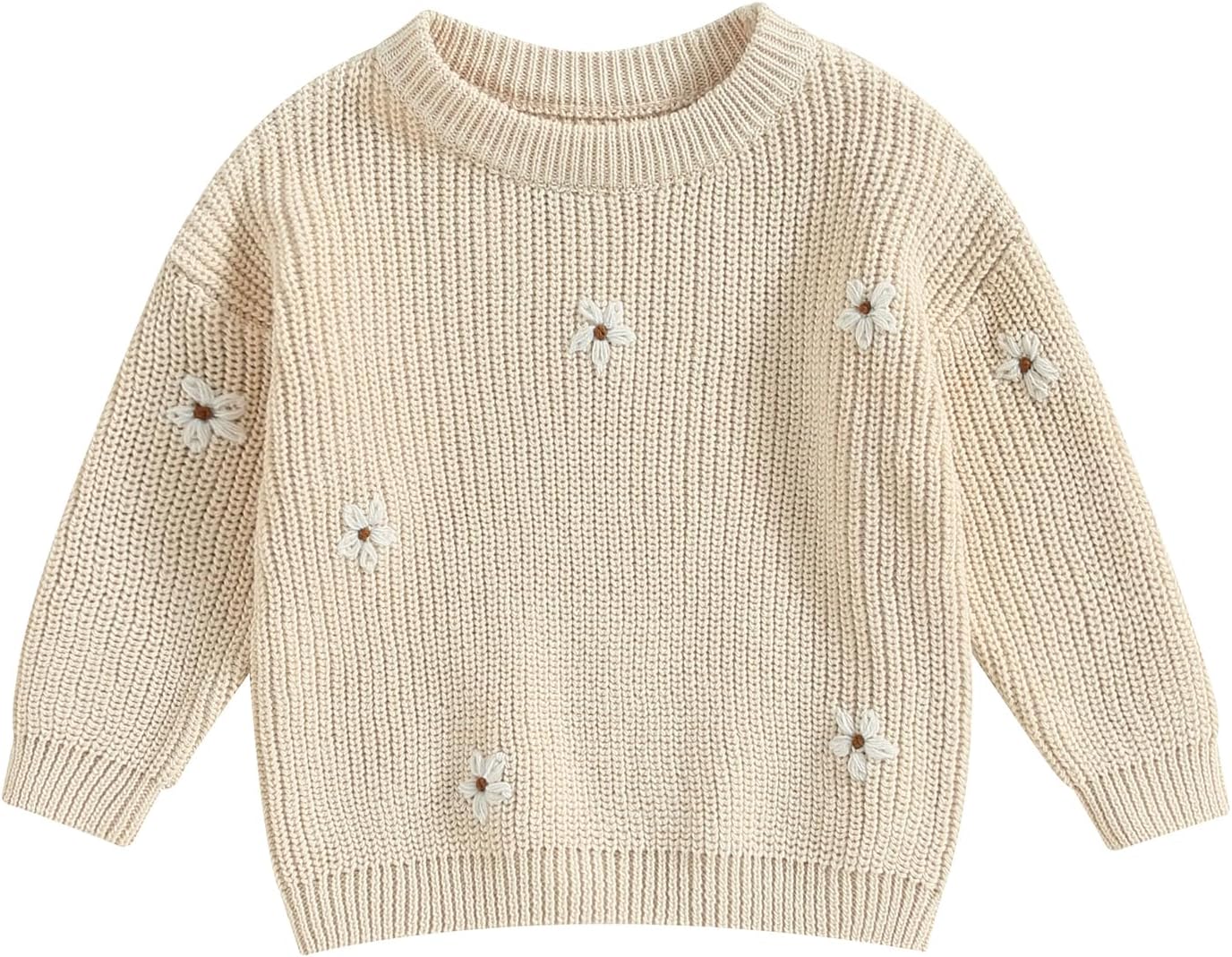 Toddler Baby Girl Knit Sweater Round Neck Long Sleeve Floral Embroidery Warm Pullover Tops Infant Fall Winter Clothes
