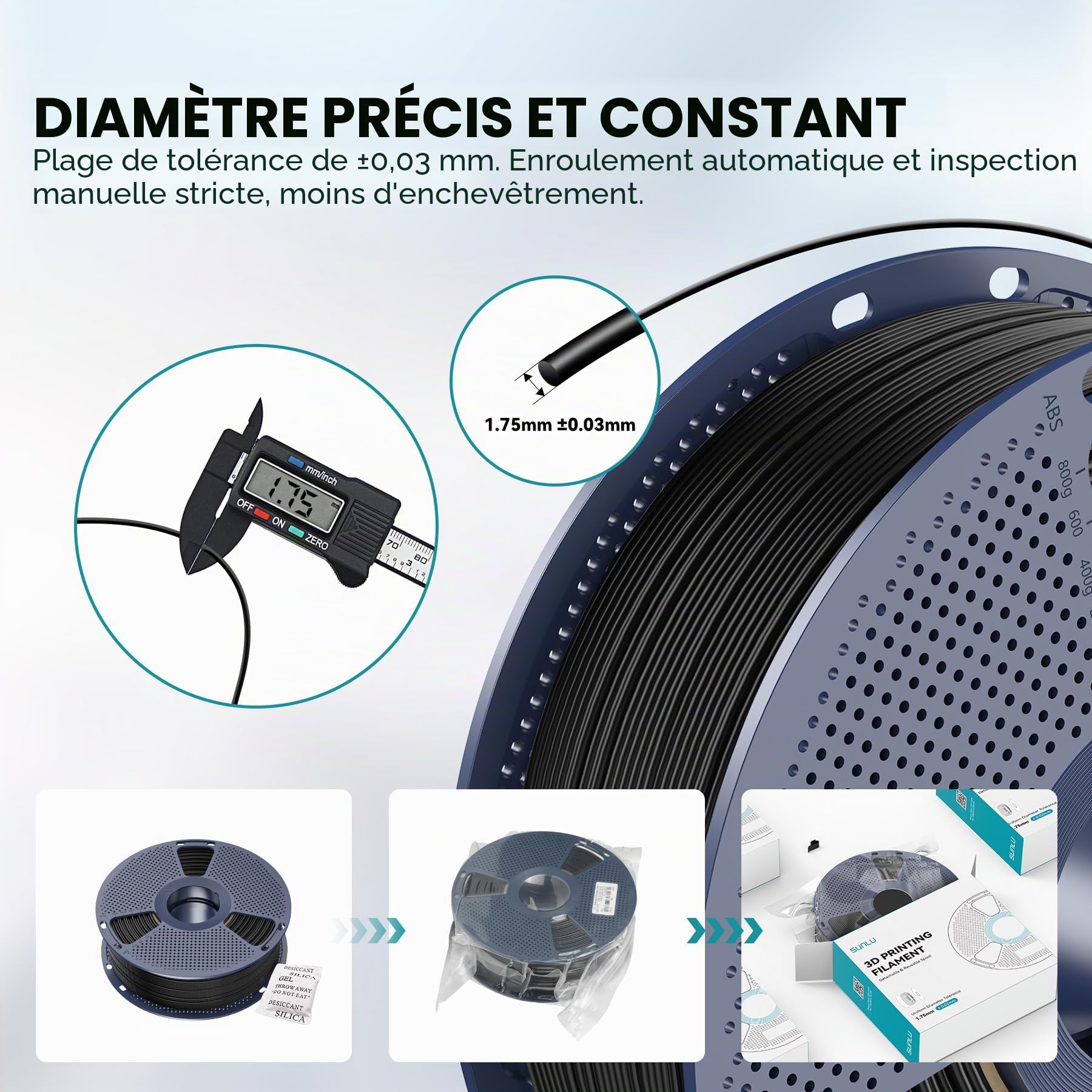 SUNLU 4KG Rapide Filament ABS Noir 1.75mm, ABS Filament Imprimante 3D