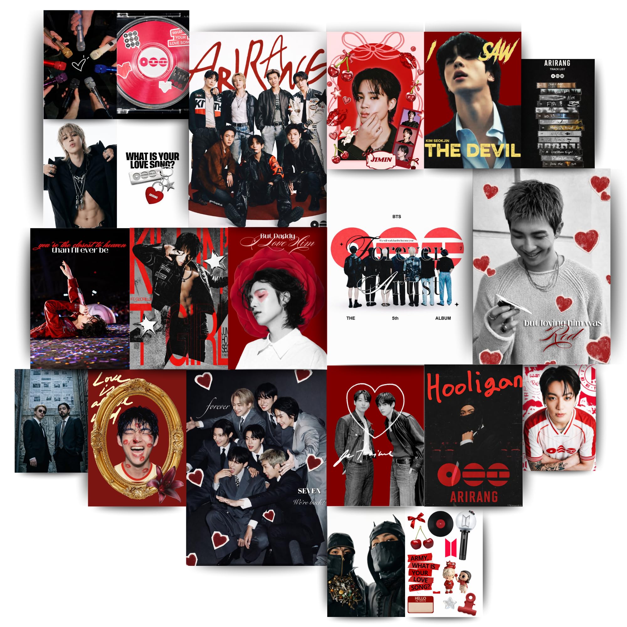 Yellow Town India BTS Ari Rang Aesthetic Wall Collage Kit | Kpop Posters for ARMY | 300 GSM Thick Cardstock with Free Wall Adhesive | Black & White Room Decor (Red Arirang)-image-30