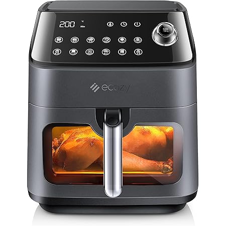 ノンフライヤー 【透明窓】 4.3L大容量 1-4人 エアフライヤー 中断記憶 食洗機OK 108種レシピ 12種プリセット LEDディスプレイ+ダイヤル 揚げ物 家庭 小型 温度時間調整 360°空気循環 ポテト 惣菜 とんかつ 温め直し 解凍 日本語説明書 電気フライヤー 油なし ノンオイル エコジー AF-CT400A ブラック