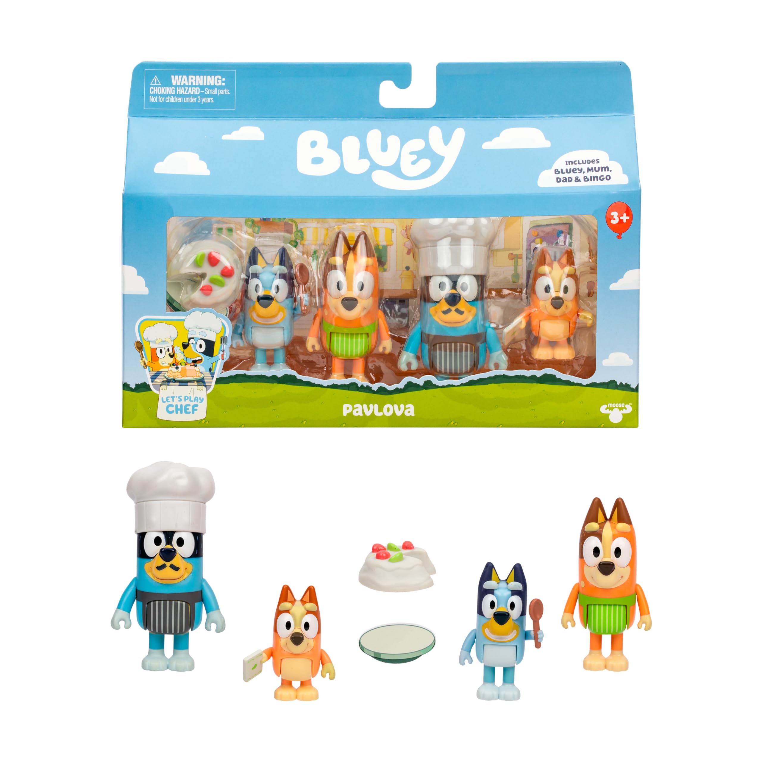 Bluey It's Time For Pavlova With This Pavlova 4 Pack, Includes, Bingo, Bandit In His Chef Hat and Chilli and 2 Accessories, Four 6-7.6 CM Articulated Figures